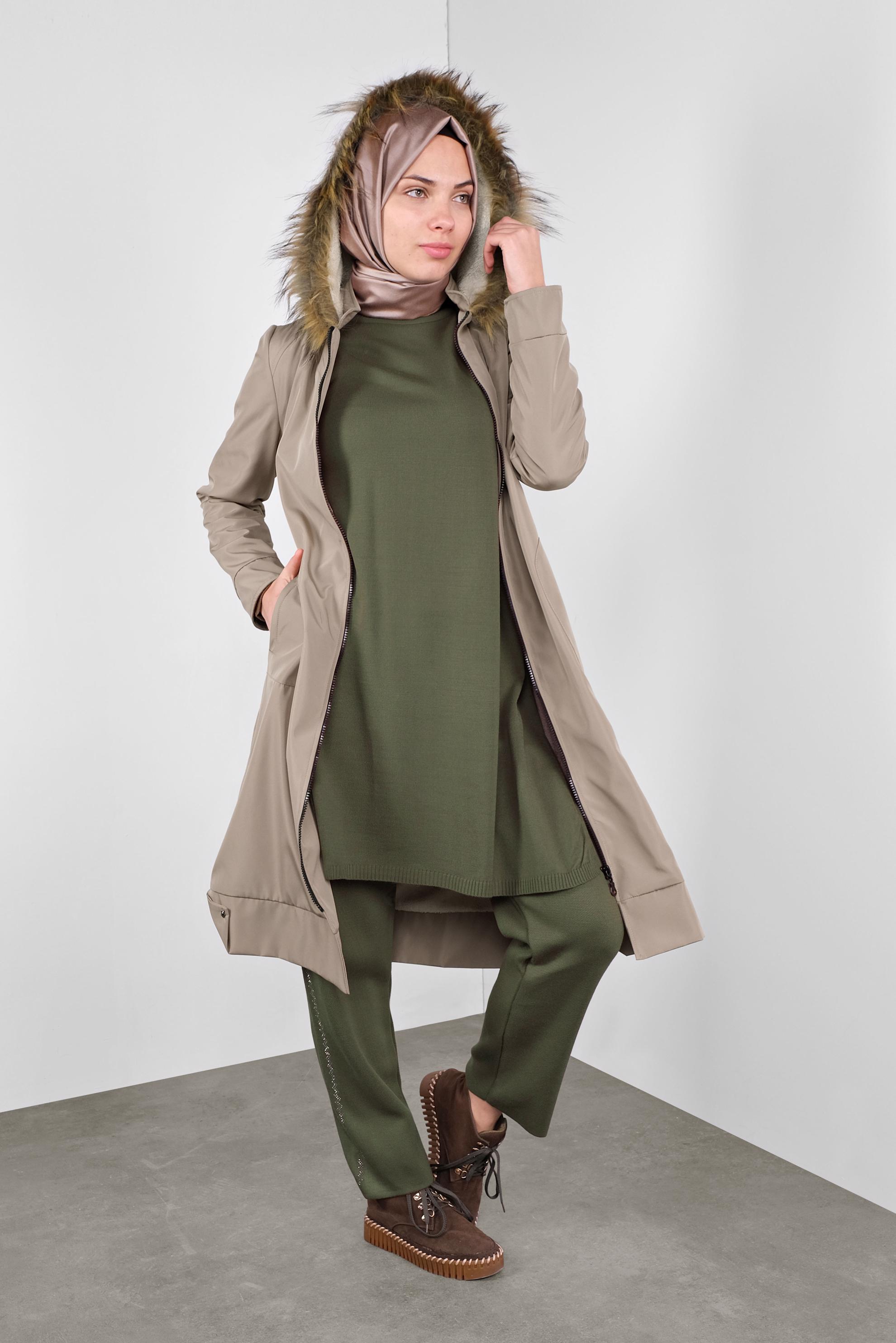 Tesettür giyim HAKİ TRİKO PANTOLONLU TAKIM 41326