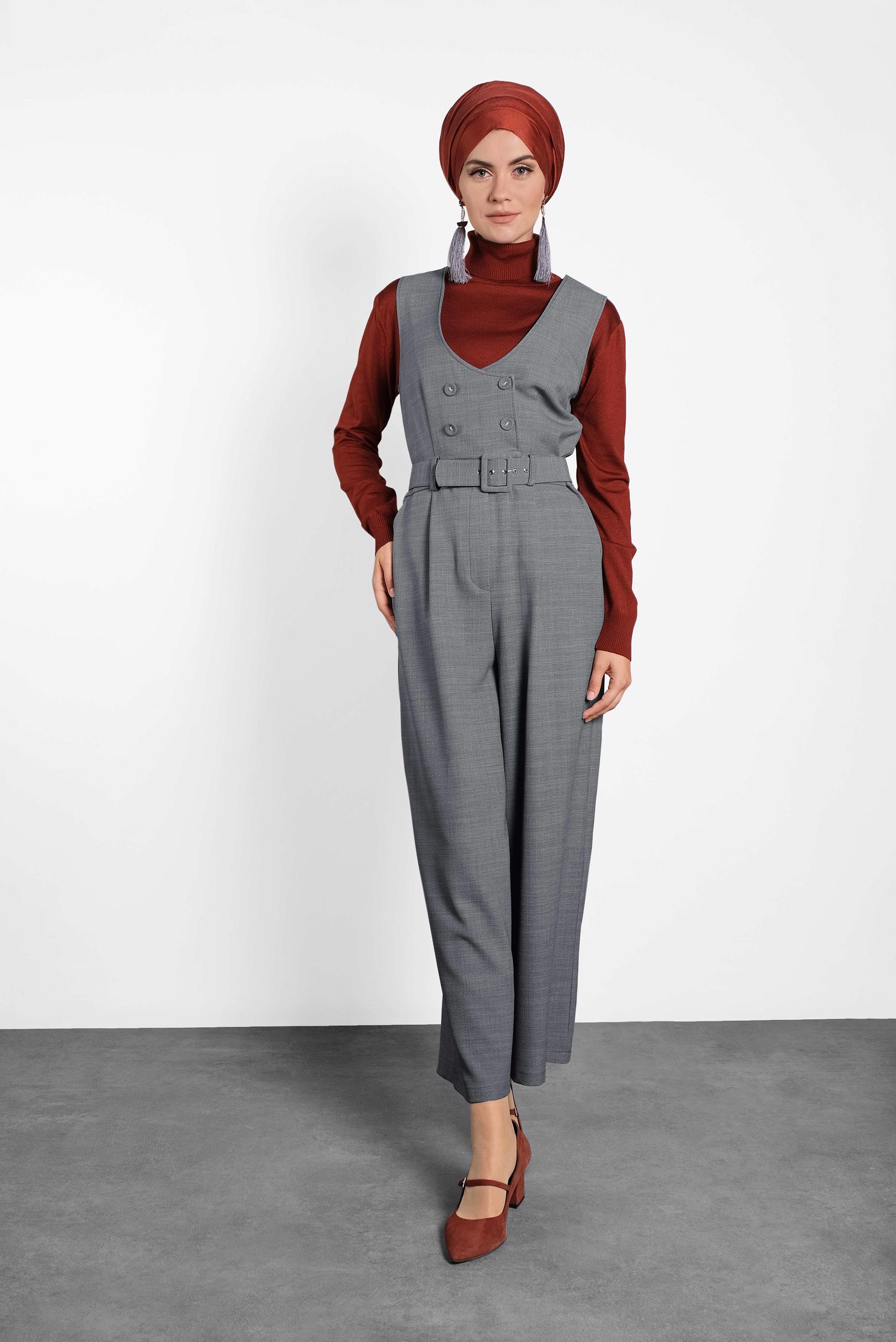 Tesettür giyim GRİ KEMERLİ TULUM 40120 