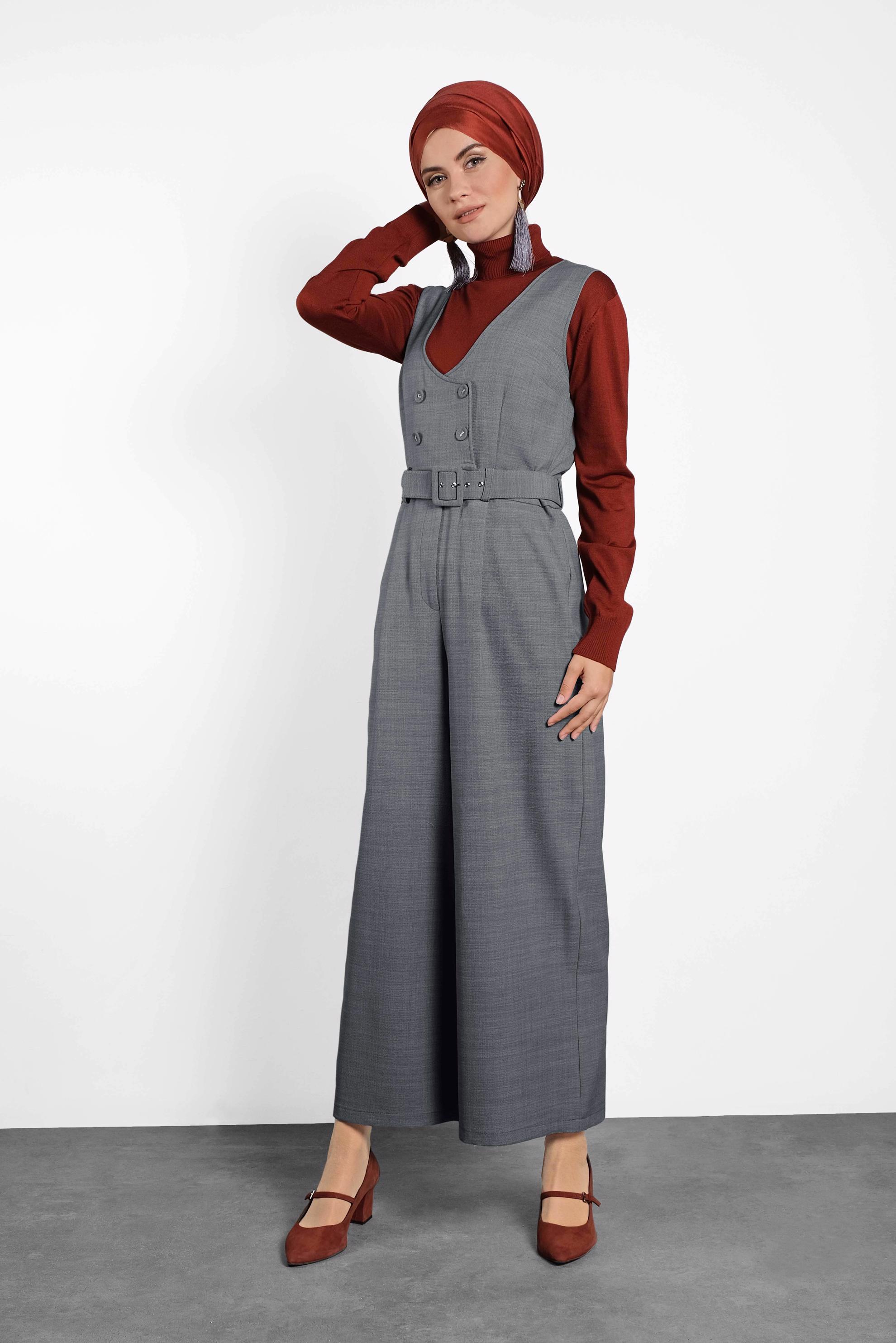 Tesettür giyim GRİ KEMERLİ TULUM 40120 