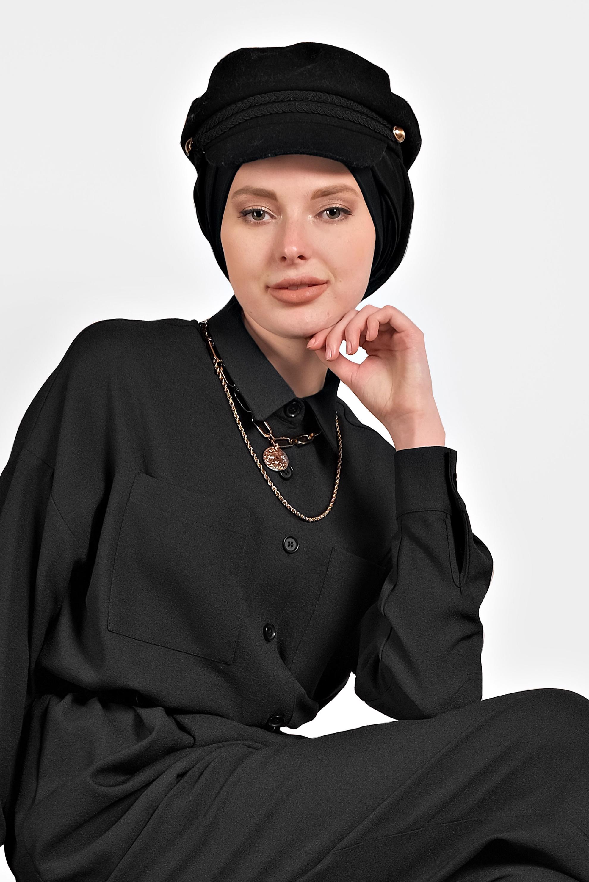 Tesettür giyim SİYAH DÜĞMELİ CEPLİ TULUM 40233 