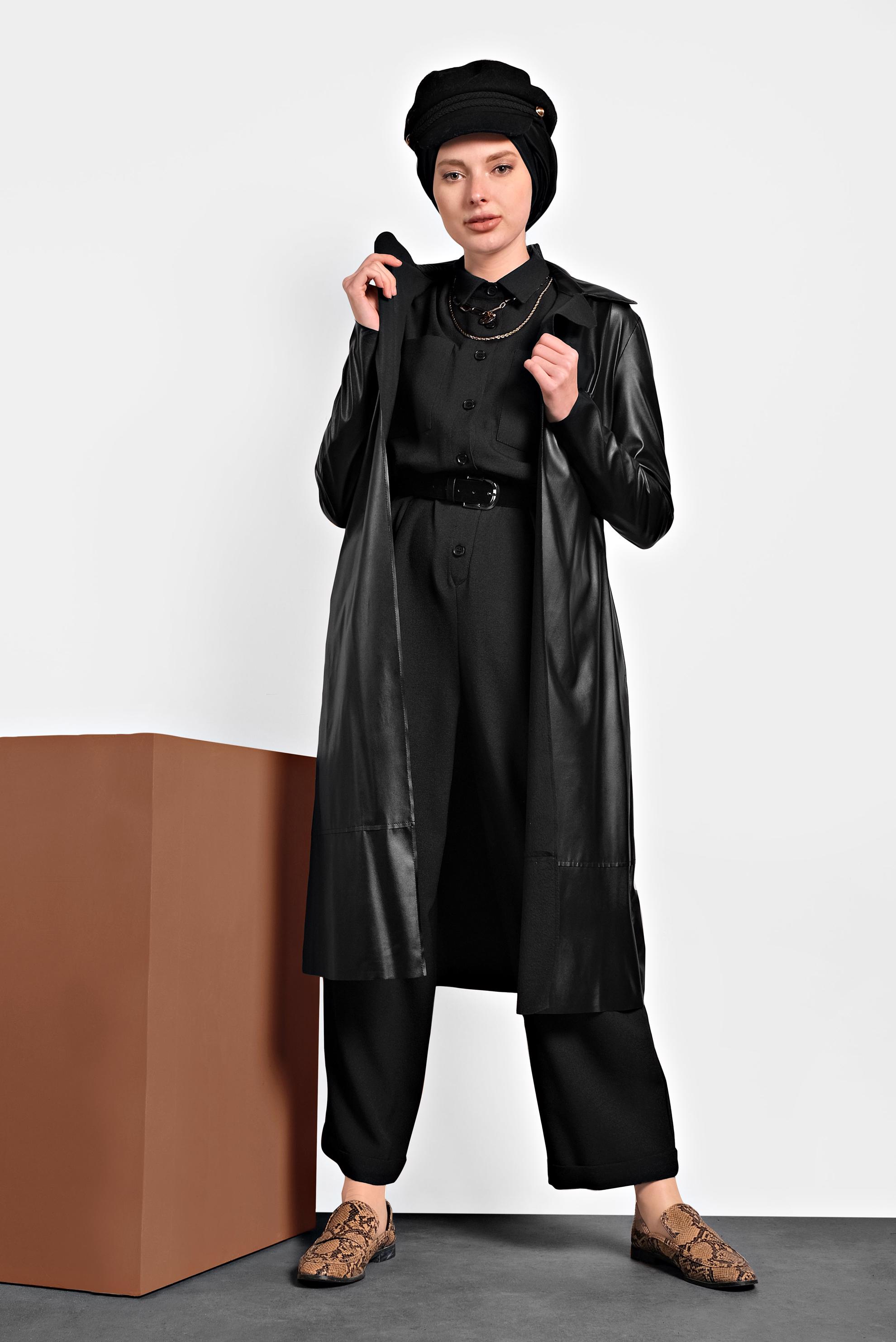 Tesettür giyim SİYAH DÜĞMELİ CEPLİ TULUM 40233 