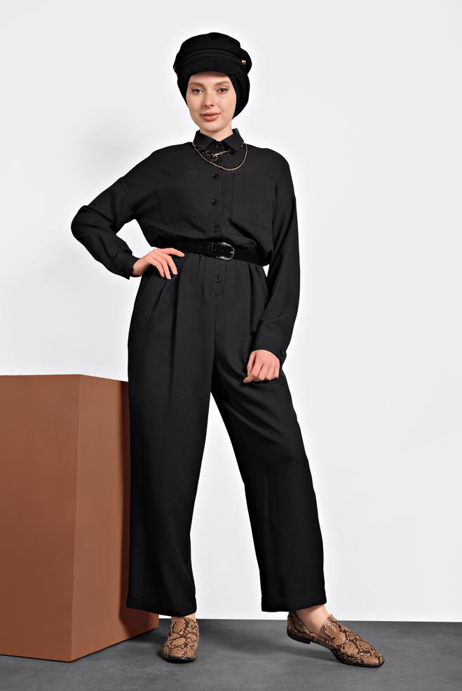 Tesettür giyim SİYAH DÜĞMELİ CEPLİ TULUM 40233  - ALVİNA