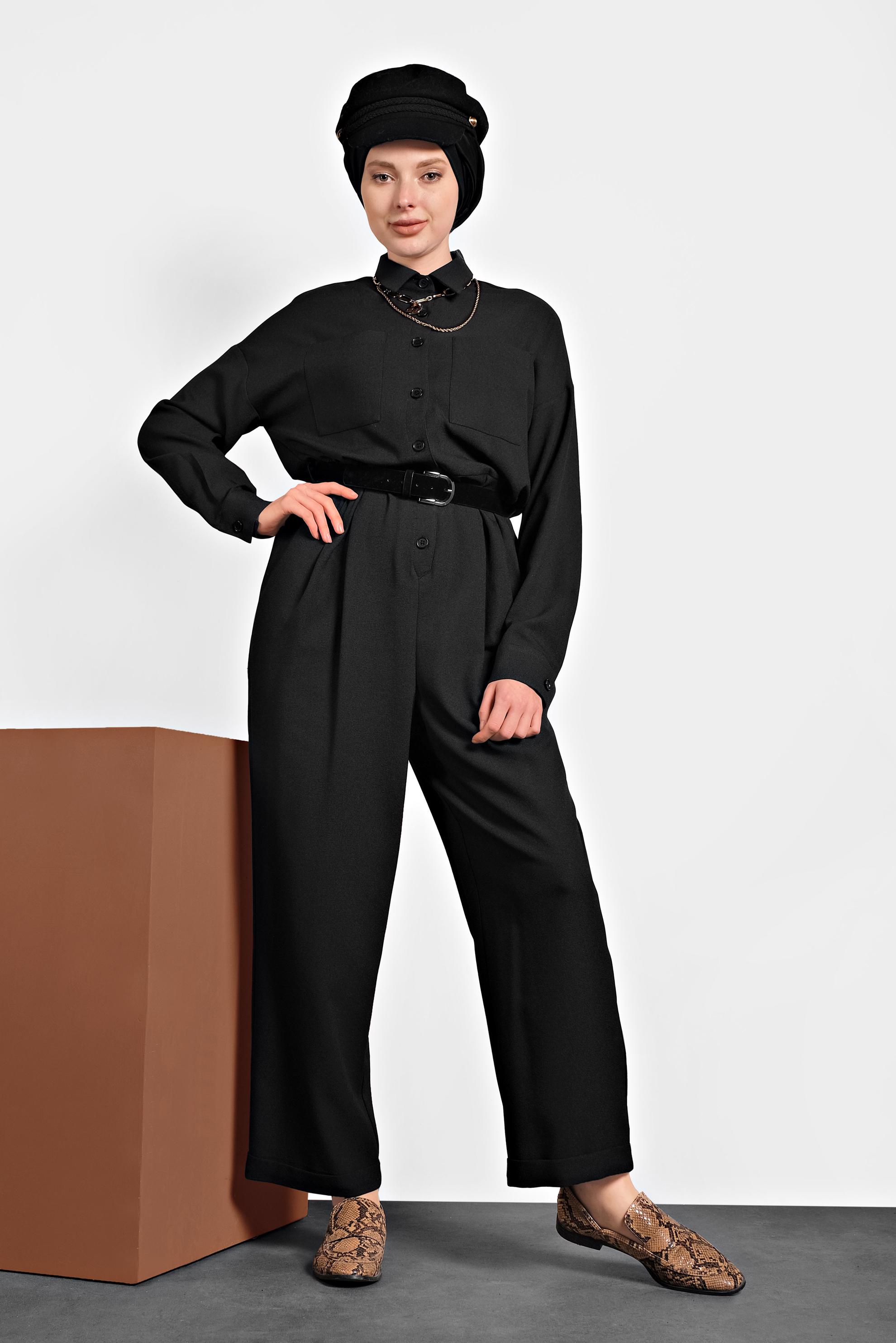 Tesettür giyim SİYAH DÜĞMELİ CEPLİ TULUM 40233 