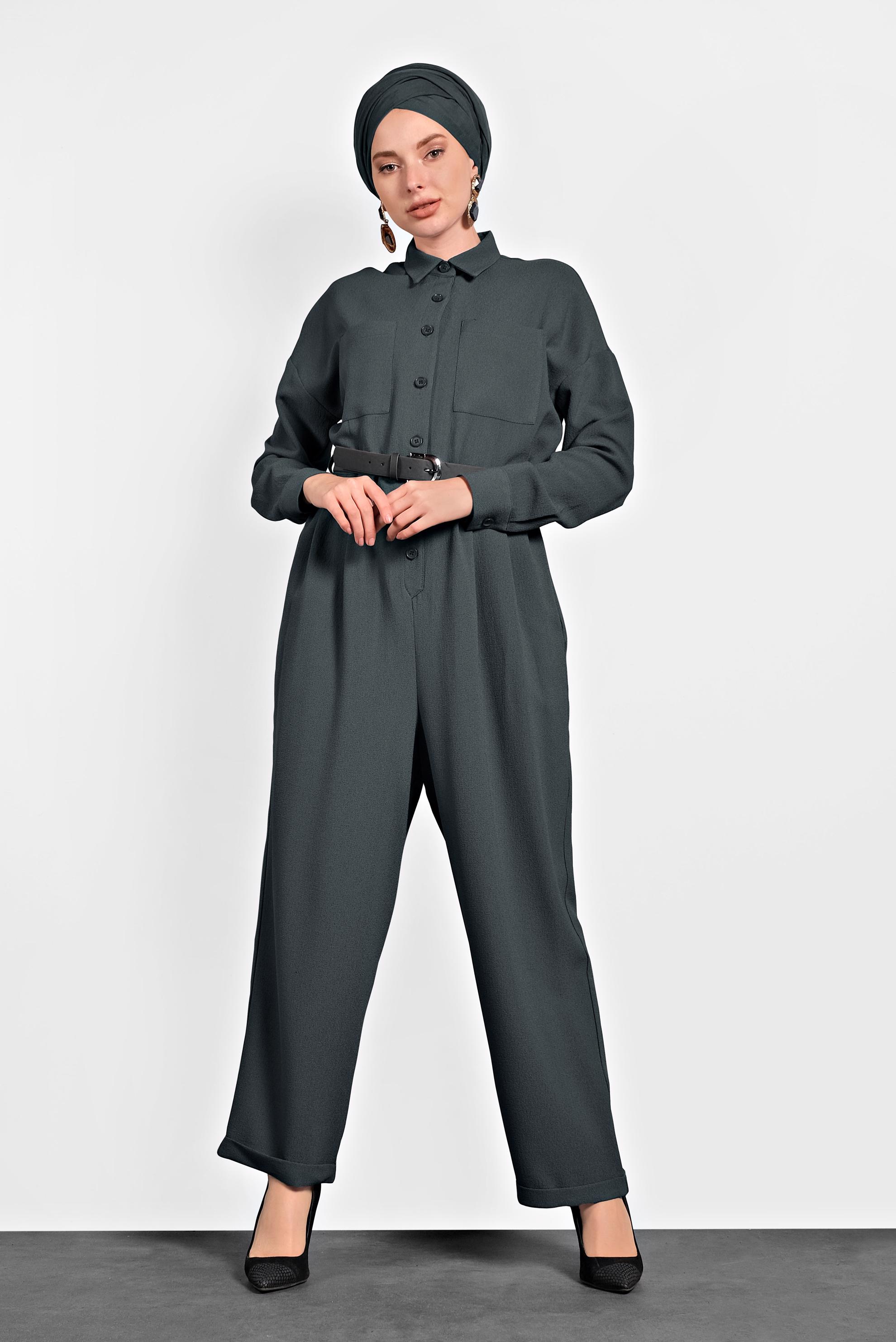 Tesettür giyim GRİ DÜĞMELİ CEPLİ TULUM 40233 