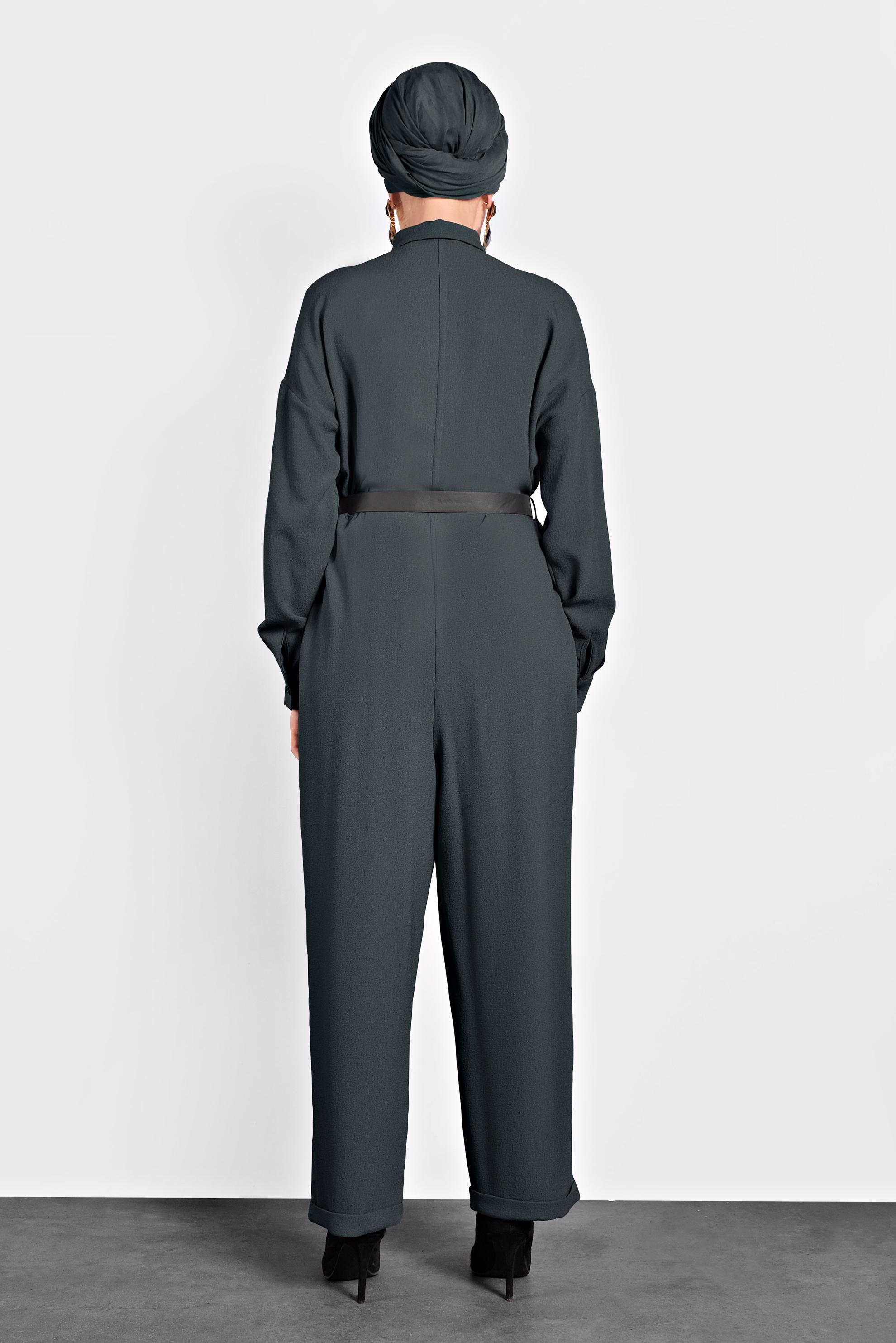 Tesettür giyim GRİ DÜĞMELİ CEPLİ TULUM 40233 