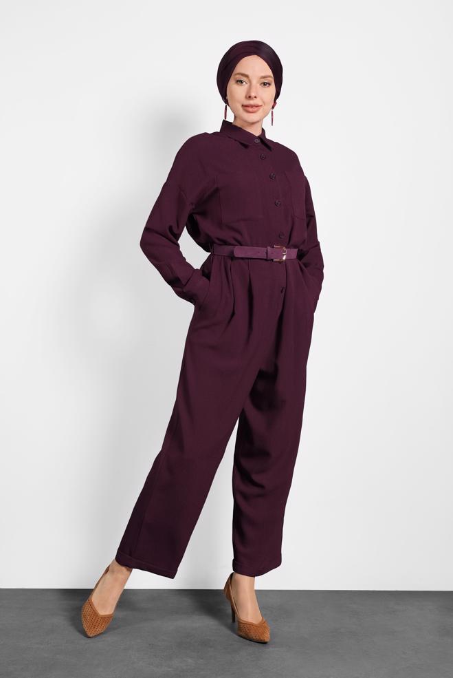 Hijab clothing CLARET RED BUTTONED JUMPSUIT WITH POCKETS 40233 - ALVİNA