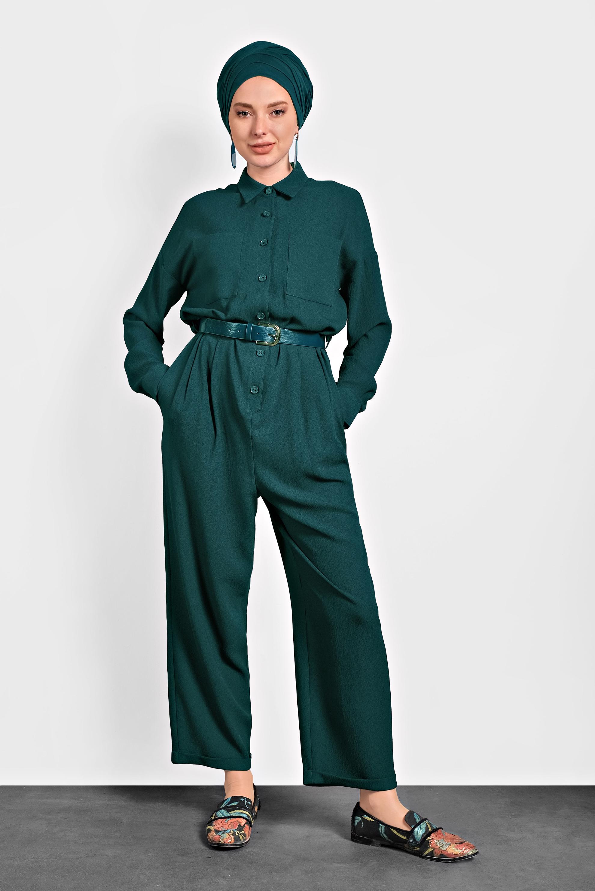 Vêtements hijab VERT COMBINAISON À BOUTONNÉ AVEC POCHES 40233