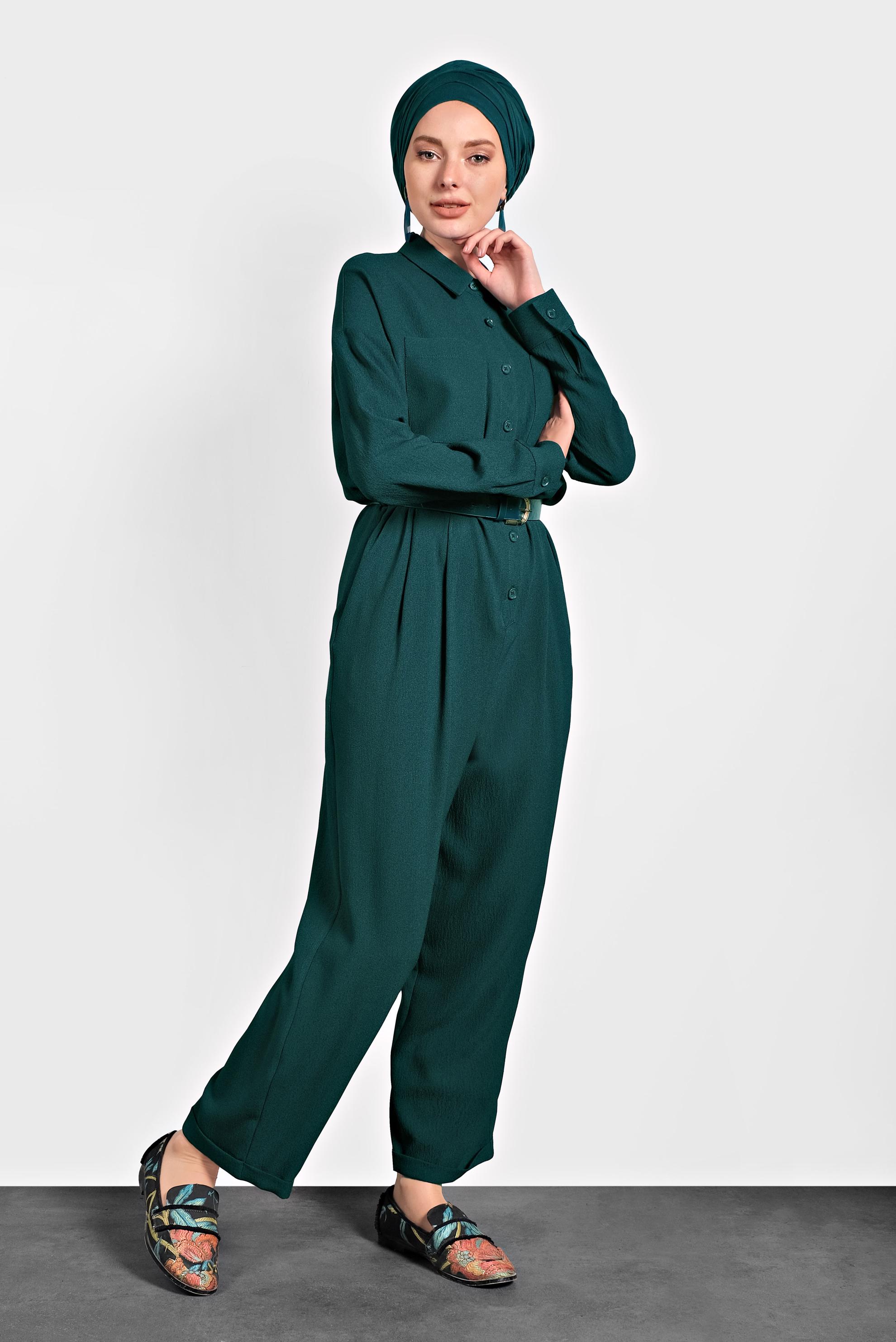 Vêtements hijab VERT COMBINAISON À BOUTONNÉ AVEC POCHES 40233