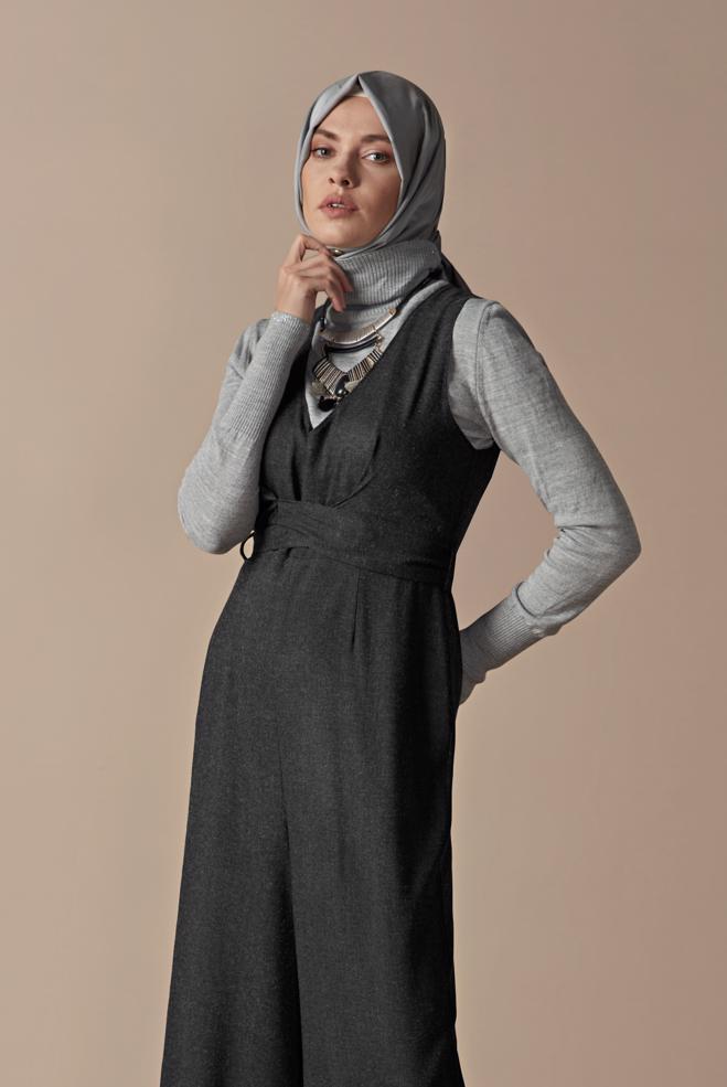Hijab clothing BLACK BELTED JUMPSUIT 41162  - ALVİNA