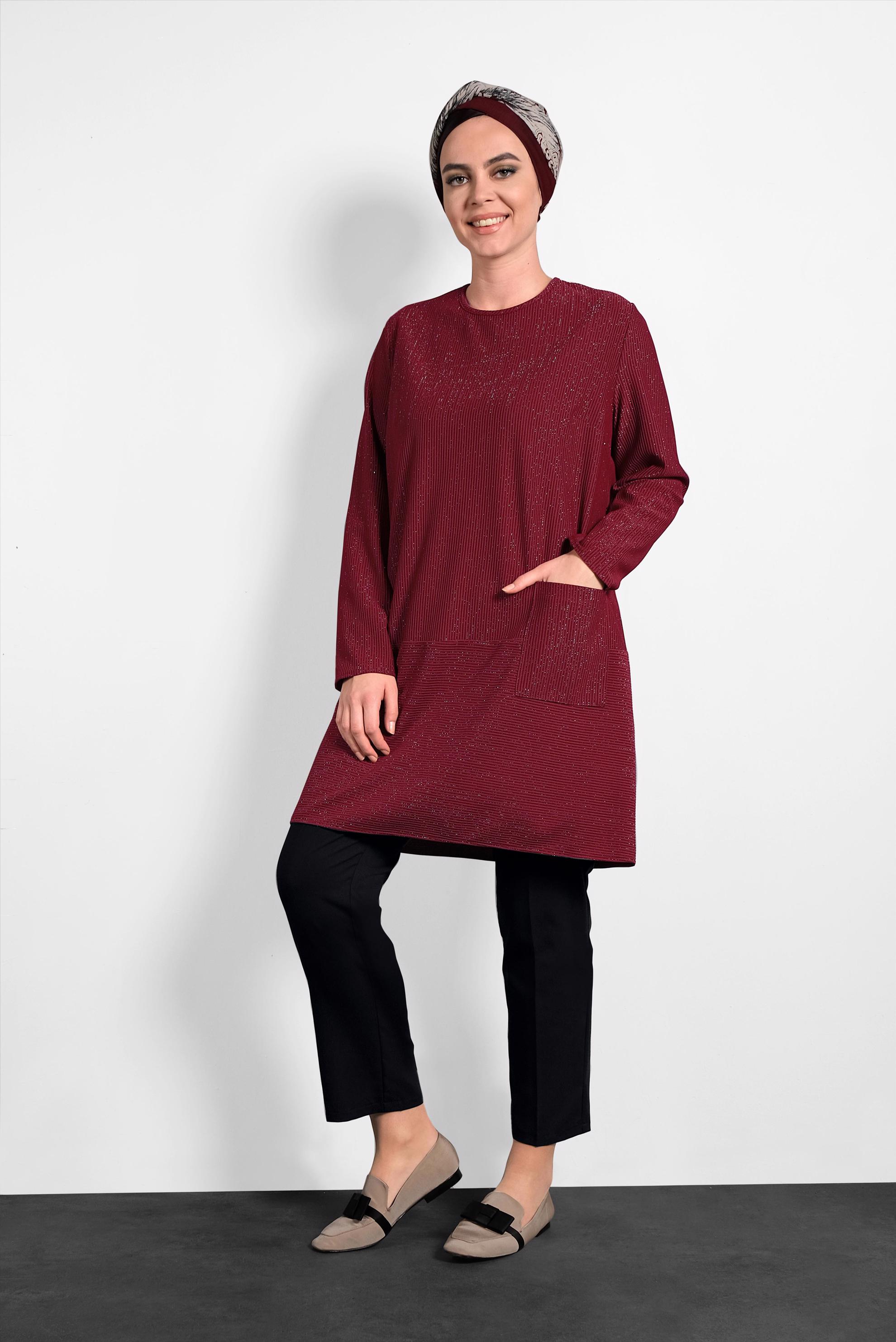 Tesettür giyim BORDO FİTİLLİ SİMLİ TUNİK 20006