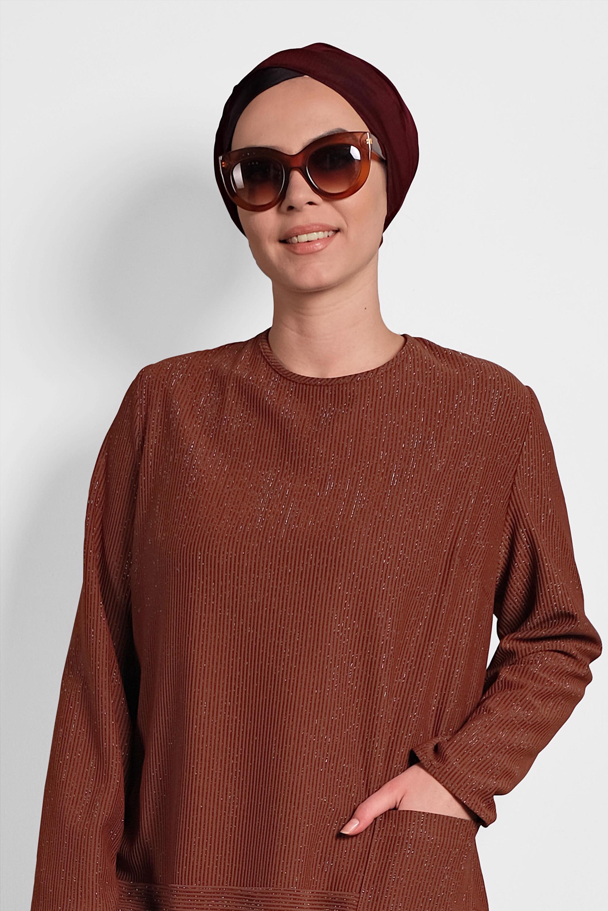 Tesettür giyim TURUNCU FİTİLLİ SİMLİ TUNİK 20006