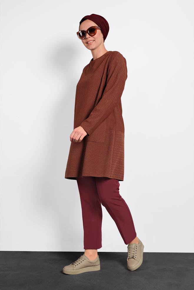 Tesettür giyim TURUNCU FİTİLLİ SİMLİ TUNİK 20006 - ALVİNA