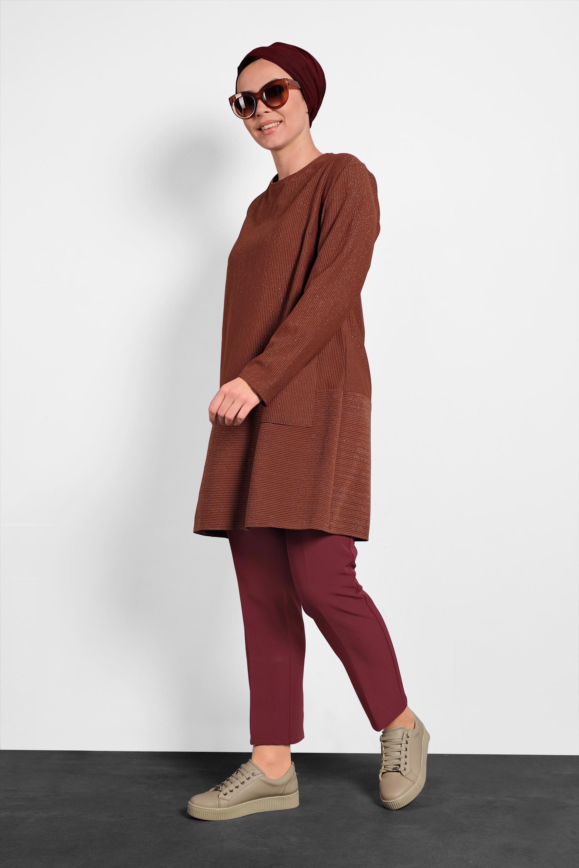 Tesettür giyim TURUNCU FİTİLLİ SİMLİ TUNİK 20006