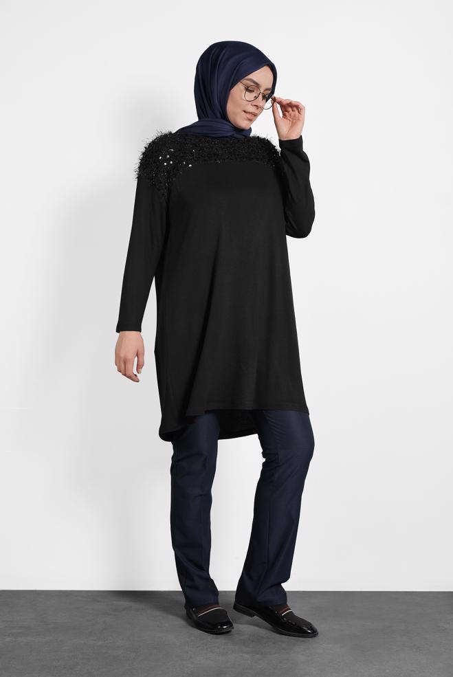 Tesettür giyim SİYAH PUL PAYETLİ BÜYÜK BEDEN TUNİK 20023 - ALVİNA