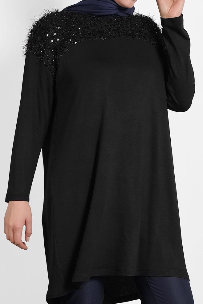 Tesettür giyim SİYAH PUL PAYETLİ BÜYÜK BEDEN TUNİK 20023 - ALVİNA
