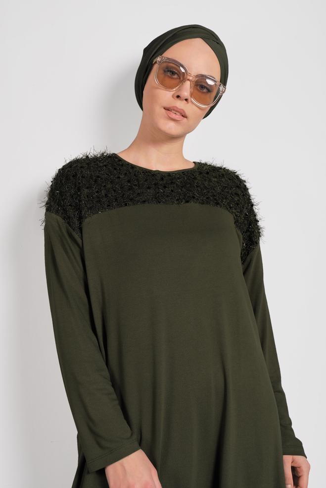Tesettür giyim HAKİ PUL PAYETLİ BÜYÜK BEDEN TUNİK 20023 - ALVİNA