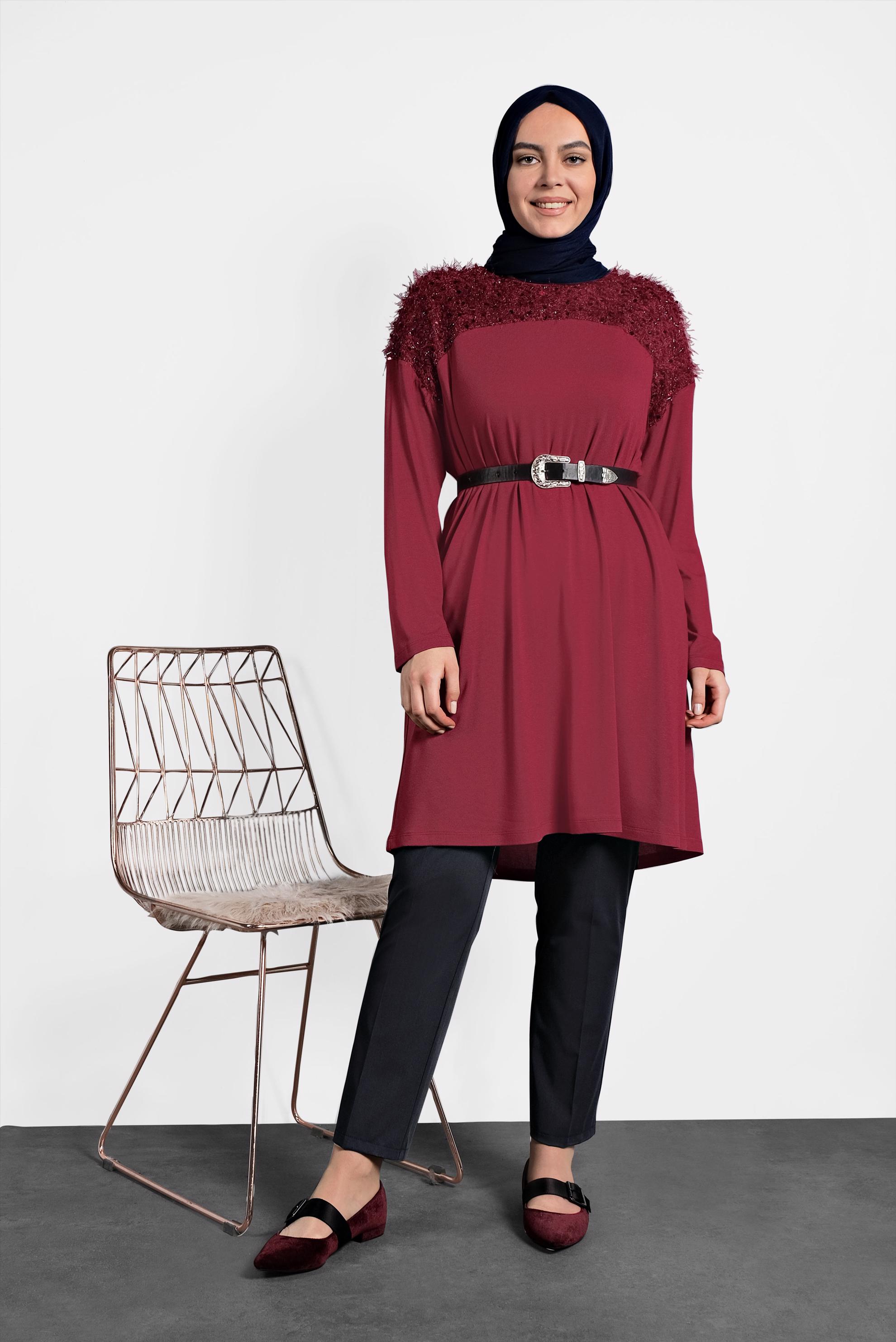 Tesettür giyim BORDO PUL PAYETLİ BÜYÜK BEDEN TUNİK 20023
