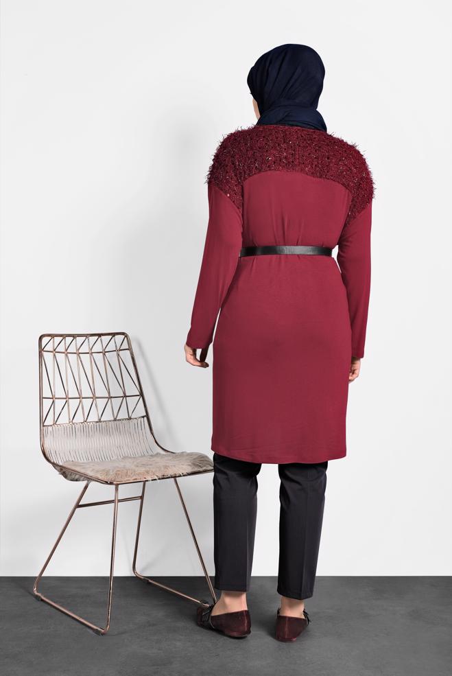 Tesettür giyim BORDO PUL PAYETLİ BÜYÜK BEDEN TUNİK 20023 - ALVİNA