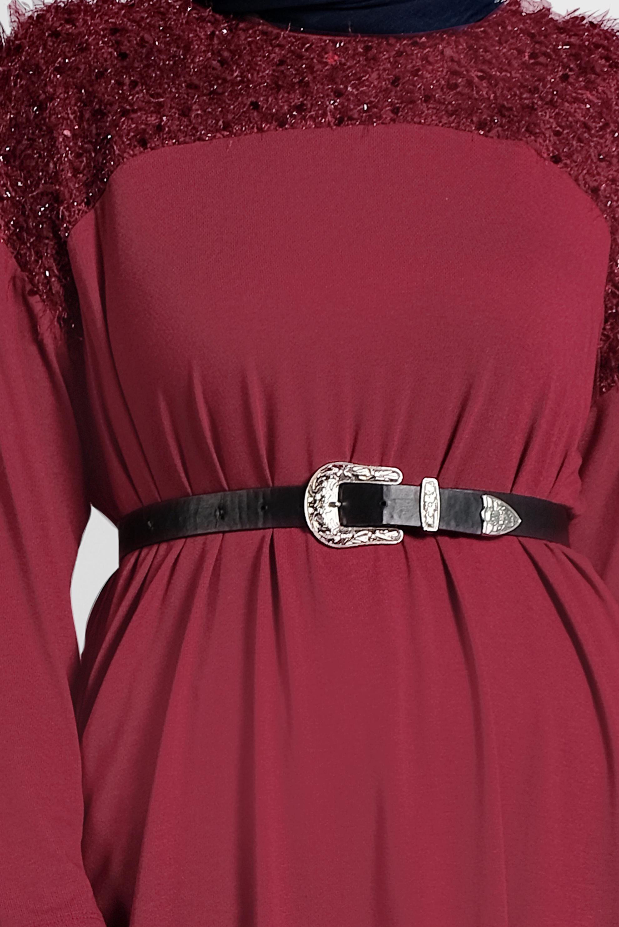 Tesettür giyim BORDO PUL PAYETLİ BÜYÜK BEDEN TUNİK 20023