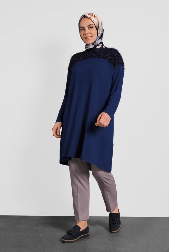 Tesettür giyim MAVİ PUL PAYETLİ BÜYÜK BEDEN TUNİK 20023 - ALVİNA
