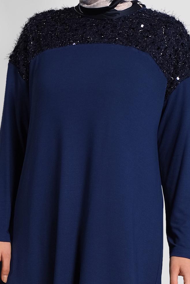 Tesettür giyim MAVİ PUL PAYETLİ BÜYÜK BEDEN TUNİK 20023 - ALVİNA