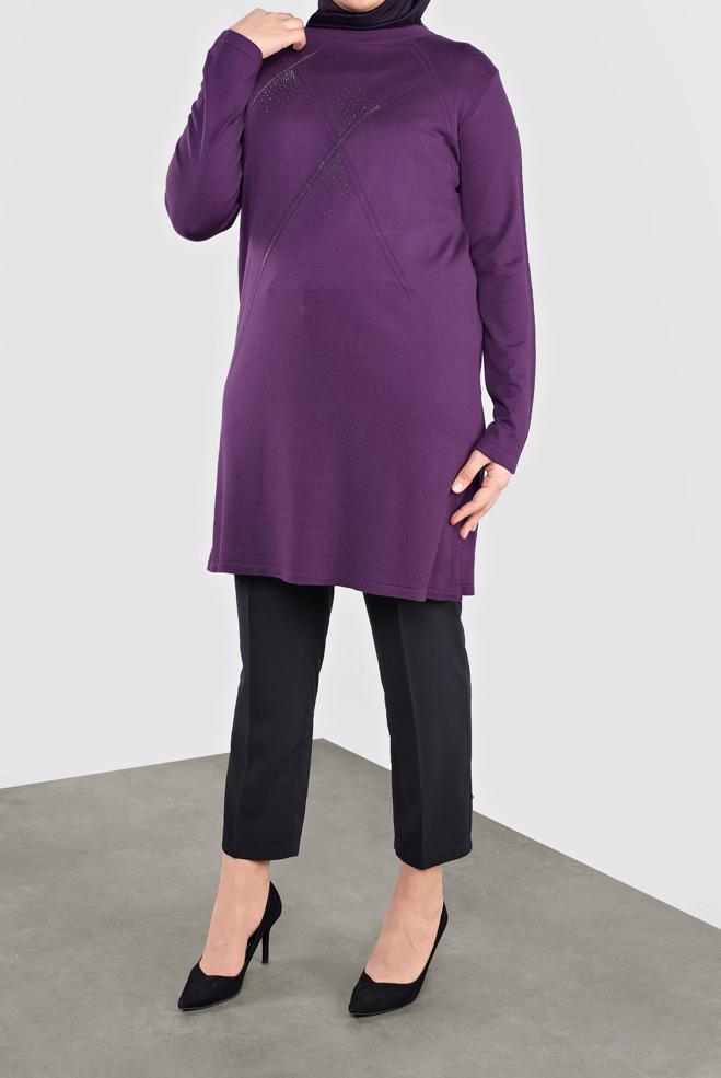Vêtements hijab POURPRE TUNIQUE EN TRICOT À EMBELLIE 20113 - ALVİNA