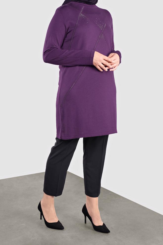 Vêtements hijab POURPRE TUNIQUE EN TRICOT À EMBELLIE 20113 - ALVİNA