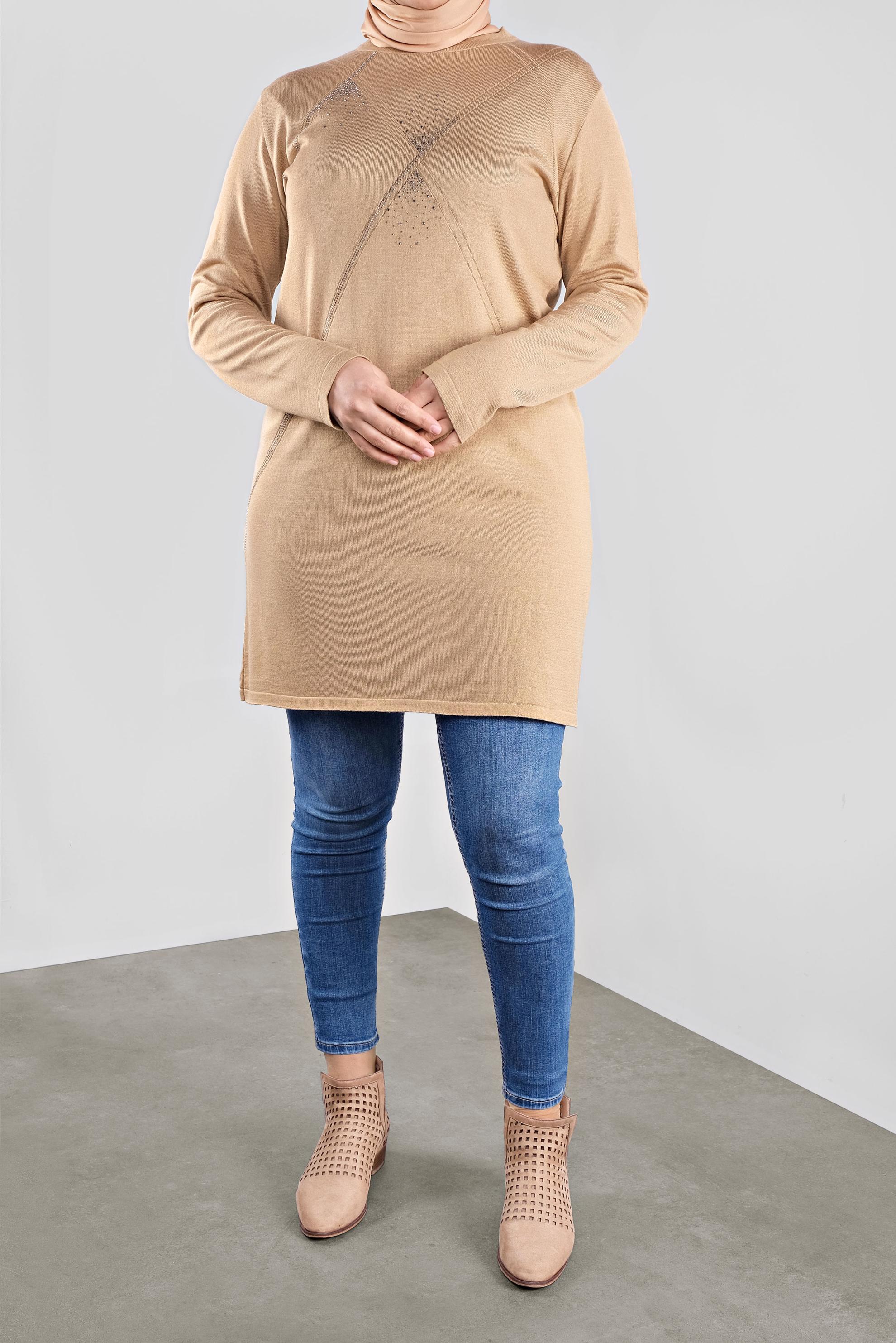 Vêtements hijab BRUN TUNIQUE EN TRICOT À EMBELLIE 20113