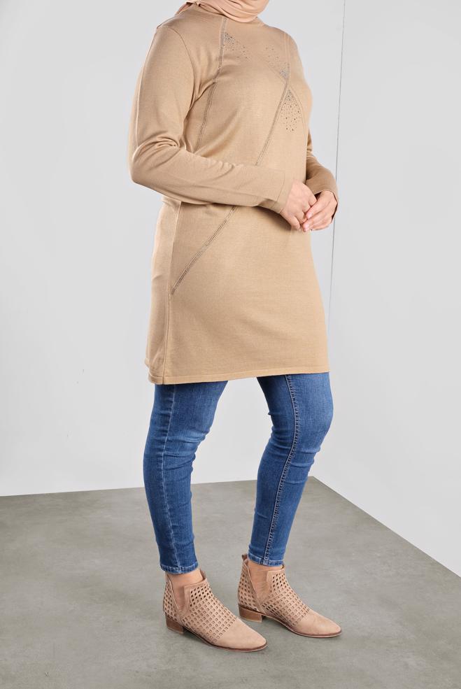 Vêtements hijab BRUN TUNIQUE EN TRICOT À EMBELLIE 20113 - ALVİNA