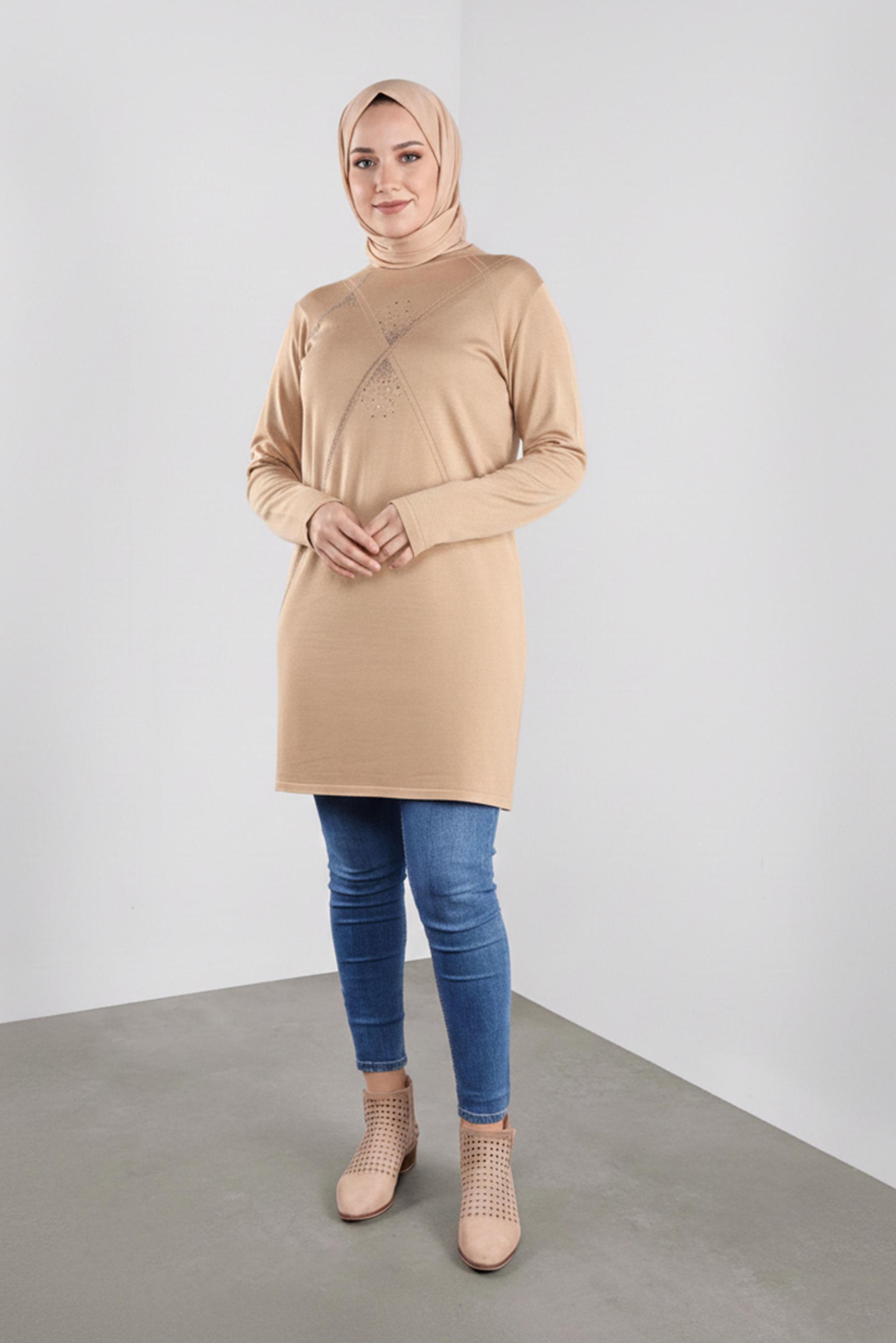 Tesettür giyim KAHVE TAŞ BASKILI TRİKO TUNİK  20113 