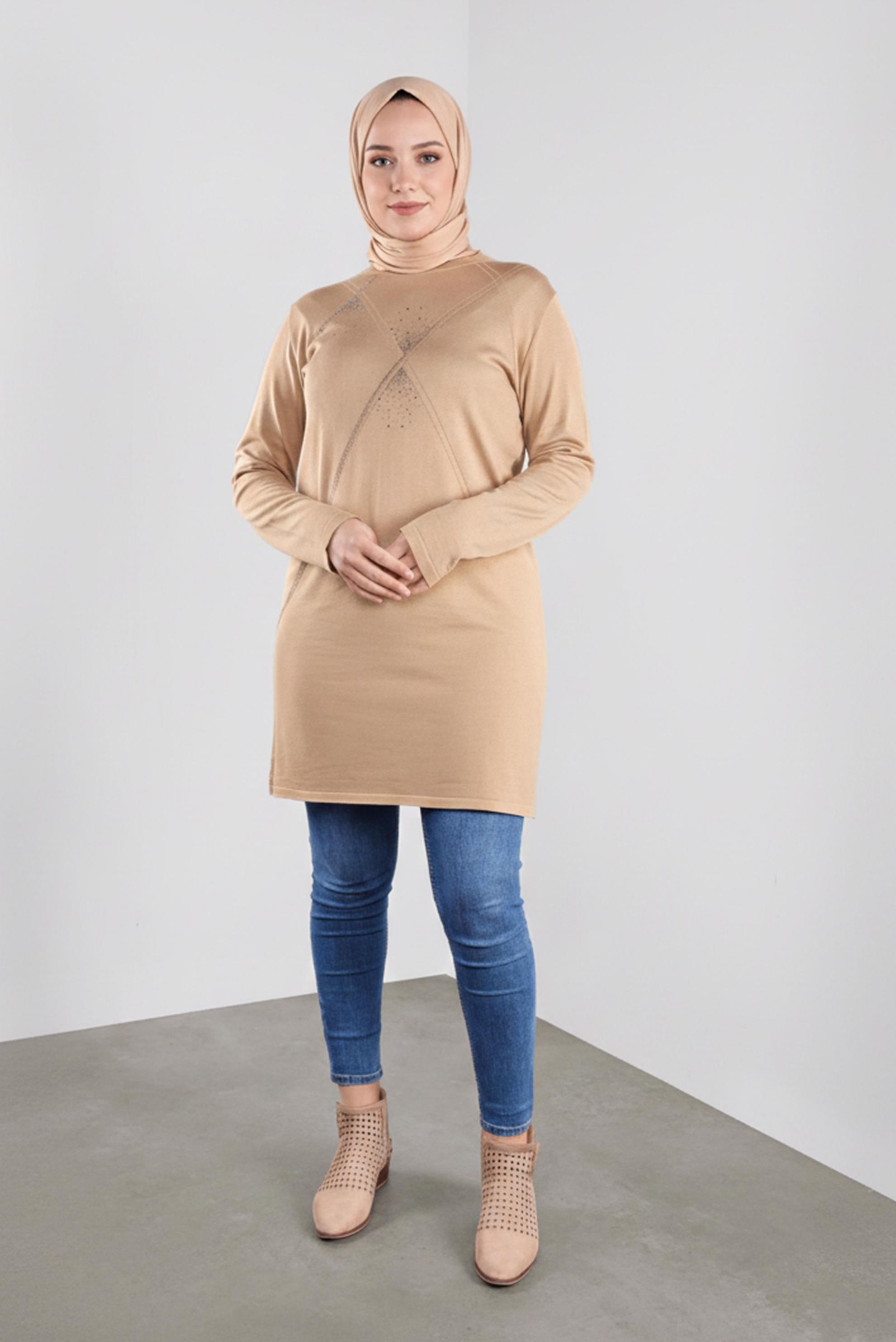 Tesettür giyim KAHVE TAŞ BASKILI TRİKO TUNİK  20113 