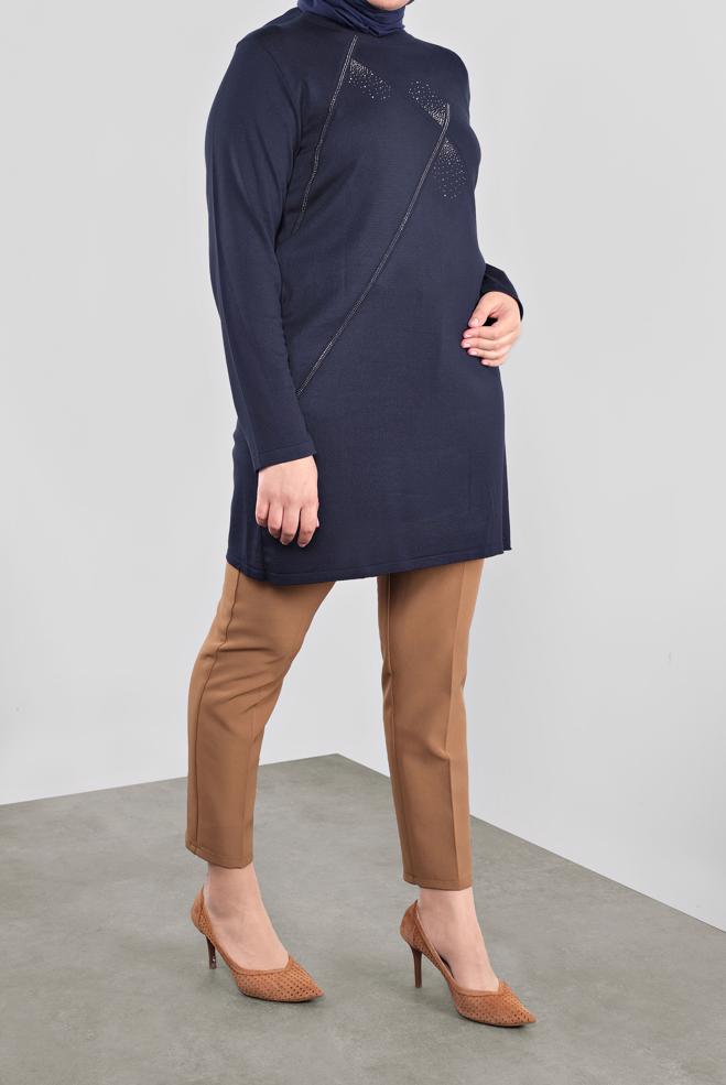 Vêtements hijab BLEU MARINE TUNIQUE EN TRICOT À EMBELLIE 20113 - ALVİNA