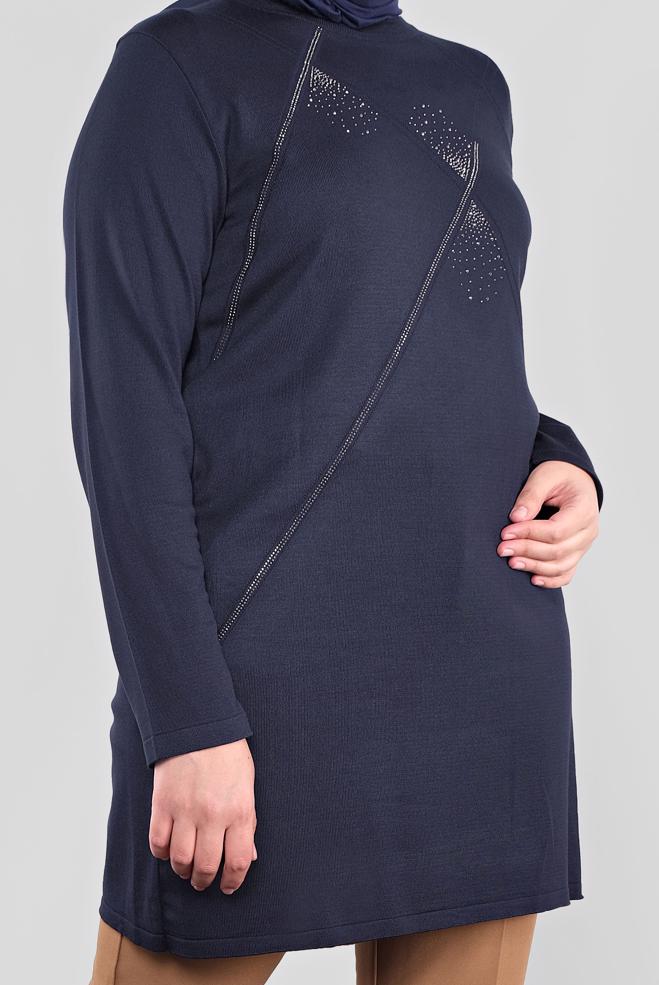 Vêtements hijab BLEU MARINE TUNIQUE EN TRICOT À EMBELLIE 20113 - ALVİNA