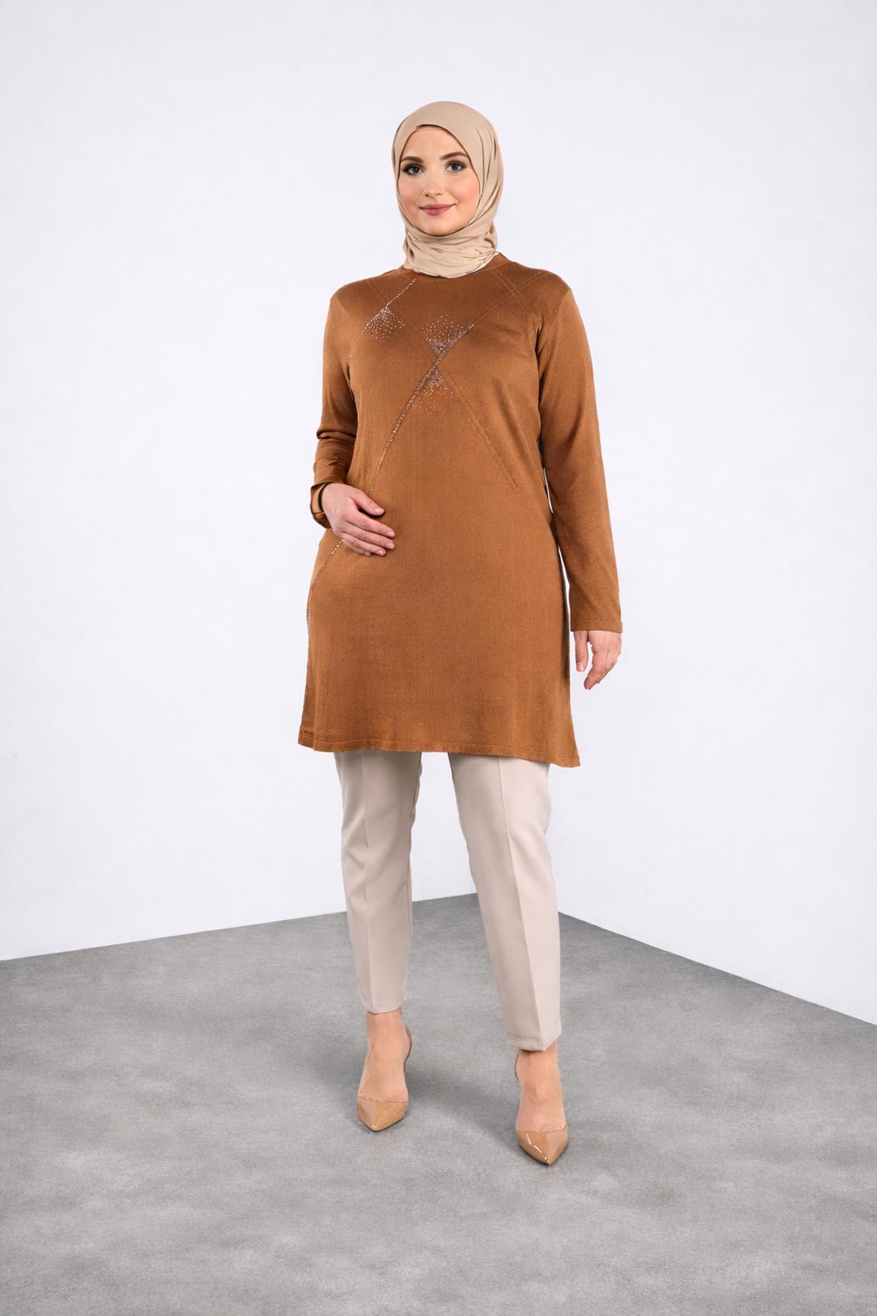 Tesettür giyim TABA TAŞ BASKILI TRİKO TUNİK  20113 