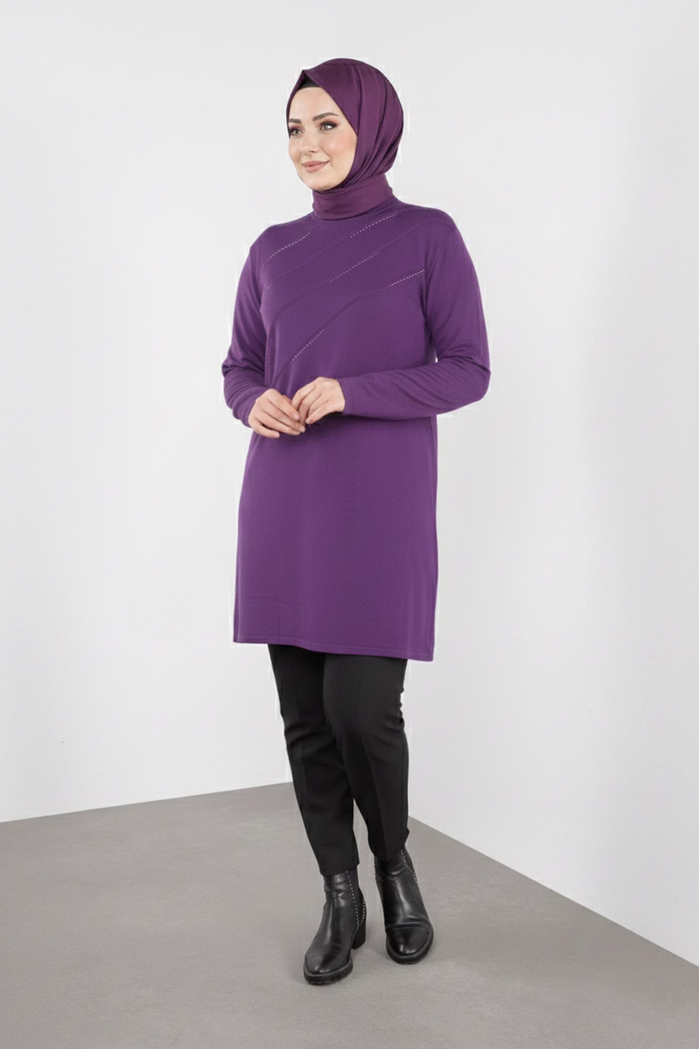 Tesettür giyim MOR TAŞLI TRİKO TUNİK 20114 