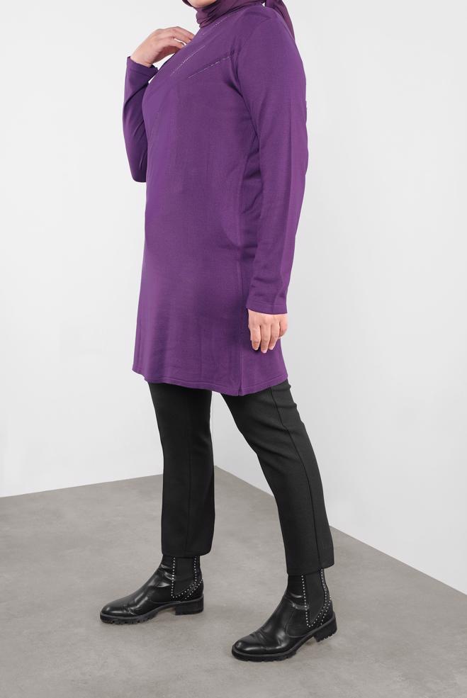 Vêtements hijab POURPRE TUNIQUE EN TRICOT À EMBELLIE 20114 - ALVİNA