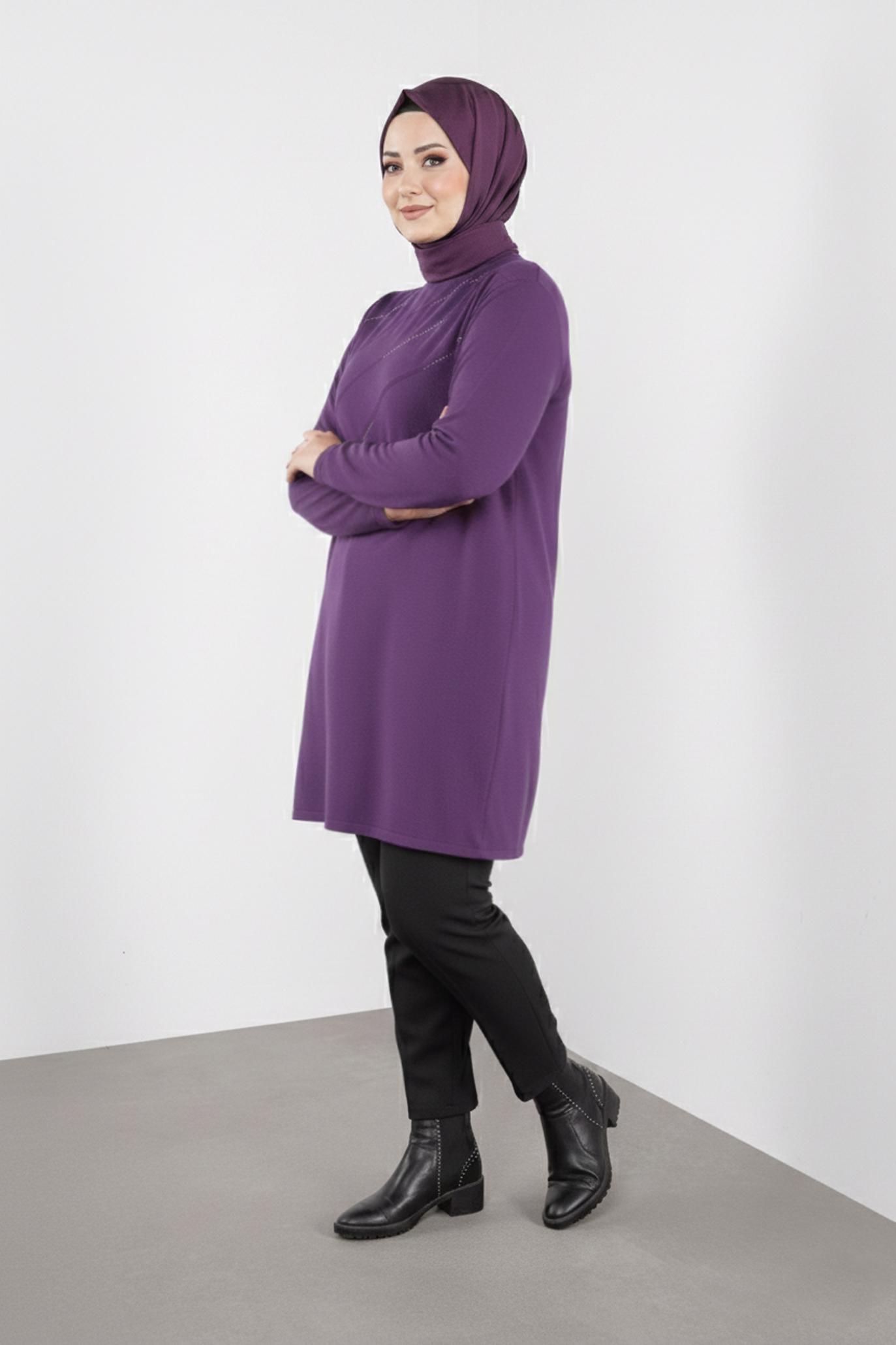Tesettür giyim MOR TAŞLI TRİKO TUNİK 20114 