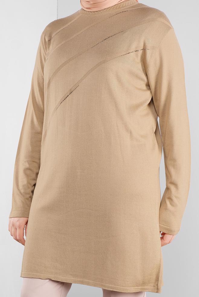 Vêtements hijab BRUN TUNIQUE EN TRICOT À EMBELLIE 20114 - ALVİNA