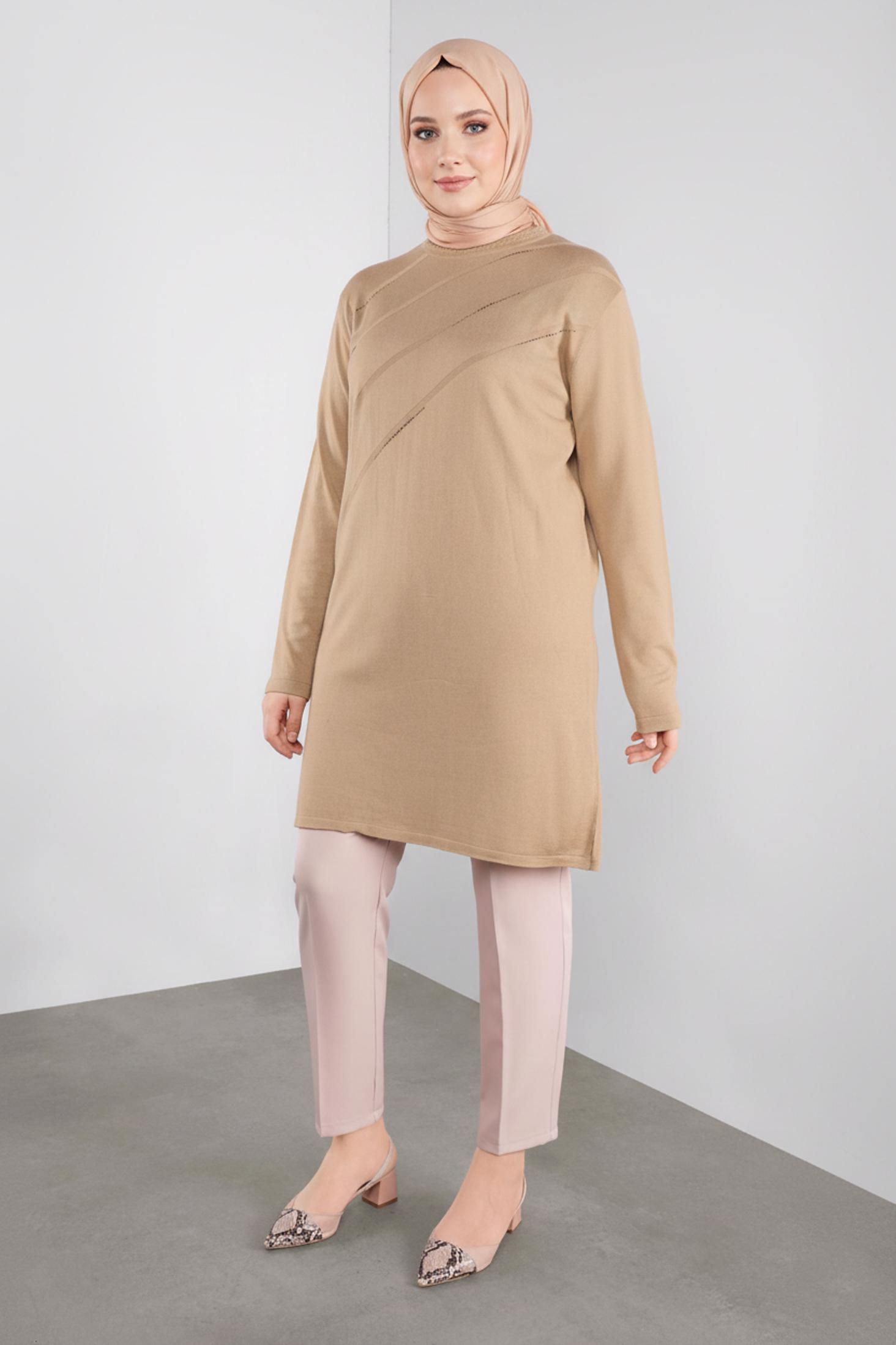 Tesettür giyim KAHVE TAŞLI TRİKO TUNİK 20114 