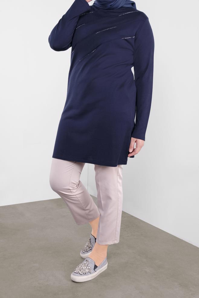 Vêtements hijab BLEU MARINE TUNIQUE EN TRICOT À EMBELLIE 20114 - ALVİNA