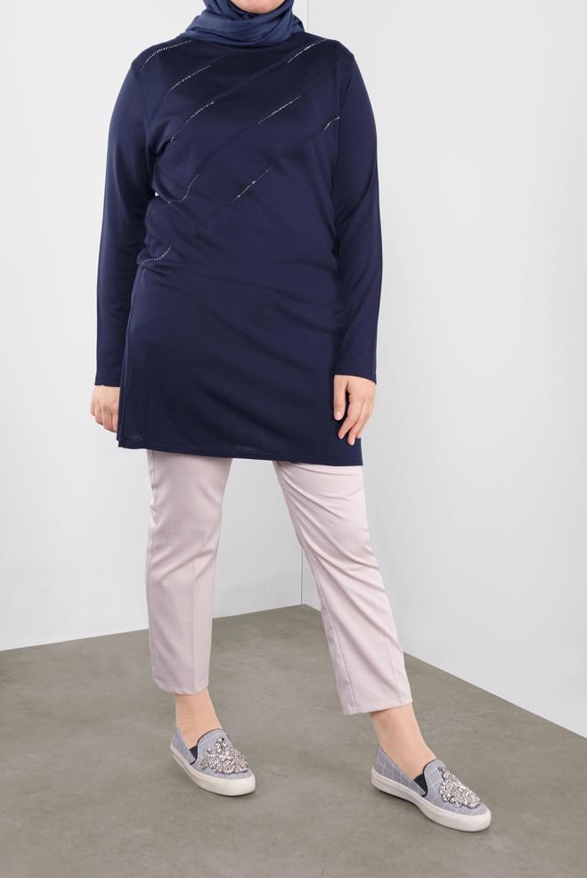Vêtements hijab BLEU MARINE TUNIQUE EN TRICOT À EMBELLIE 20114 - ALVİNA