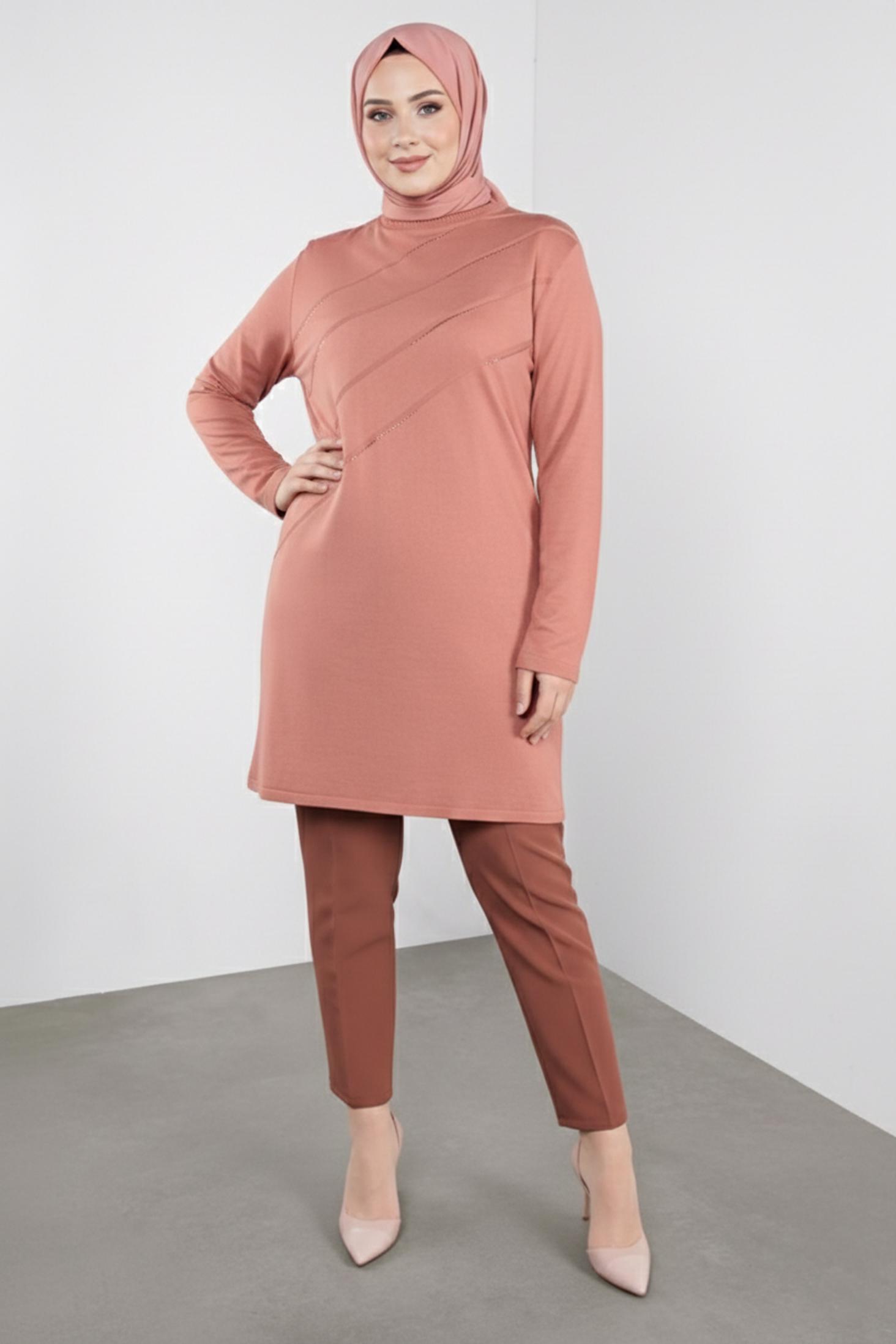 Tesettür giyim PEMBE TAŞLI TRİKO TUNİK 20114 