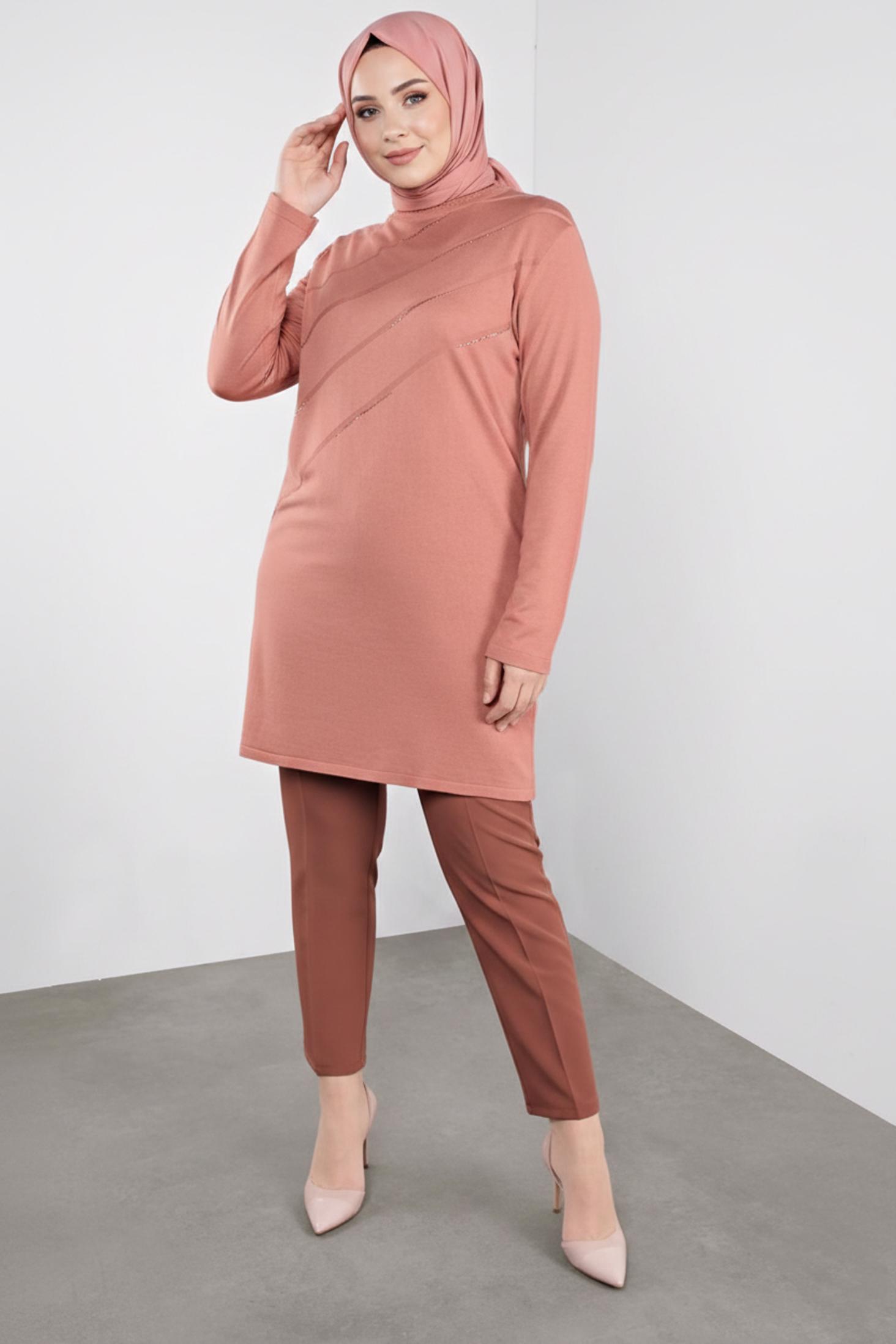 Tesettür giyim PEMBE TAŞLI TRİKO TUNİK 20114 