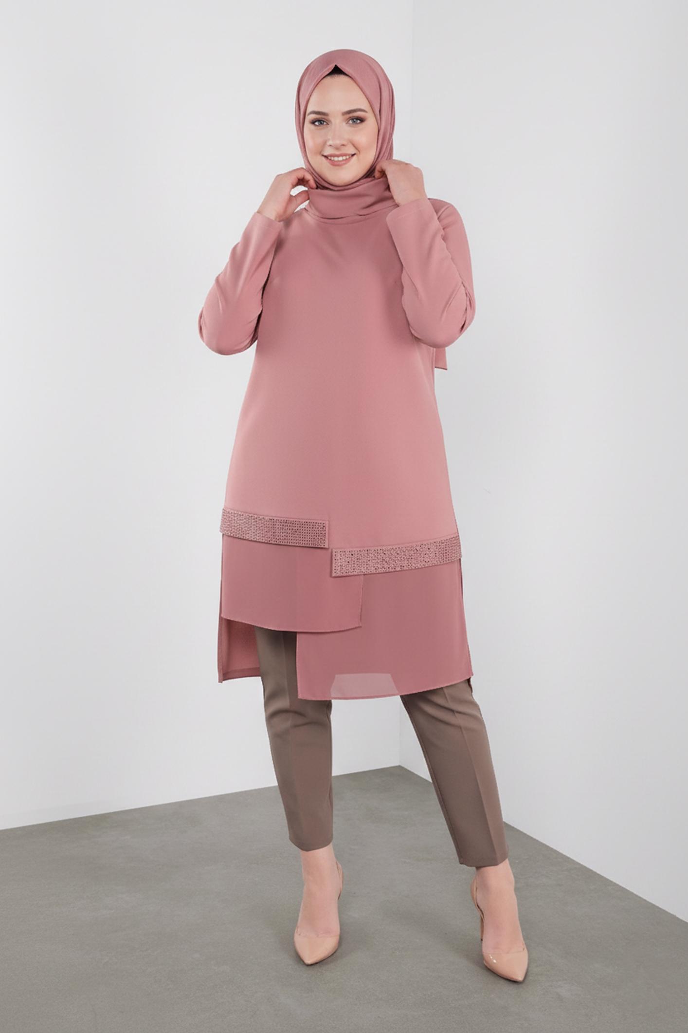 Tesettür giyim PUDRA TAŞ BASKILI ŞİFON DETAYLI TUNİK 20118 