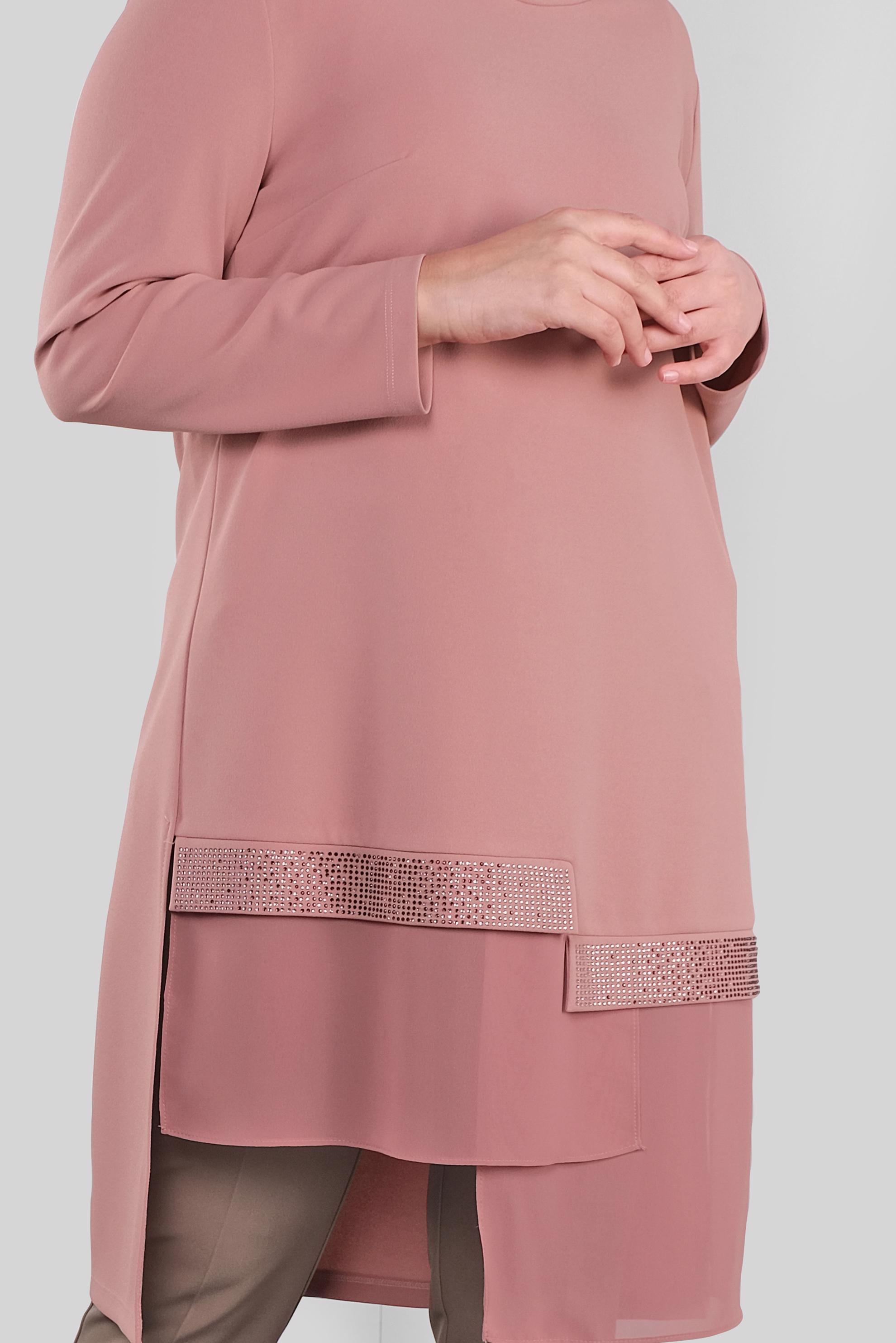 Tesettür giyim PUDRA TAŞ BASKILI ŞİFON DETAYLI TUNİK 20118 