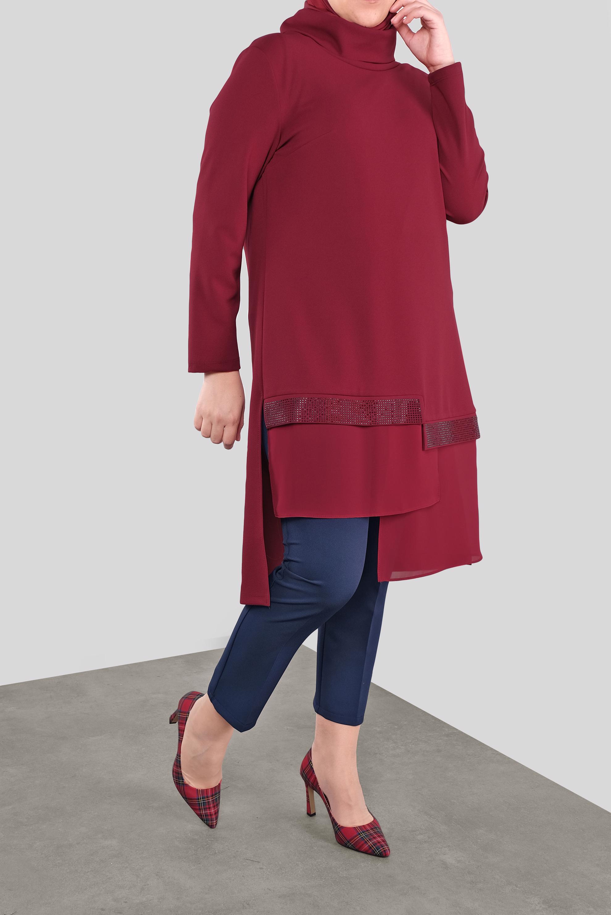 Tesettür giyim KIRMIZI TAŞ BASKILI ŞİFON DETAYLI TUNİK 20118 