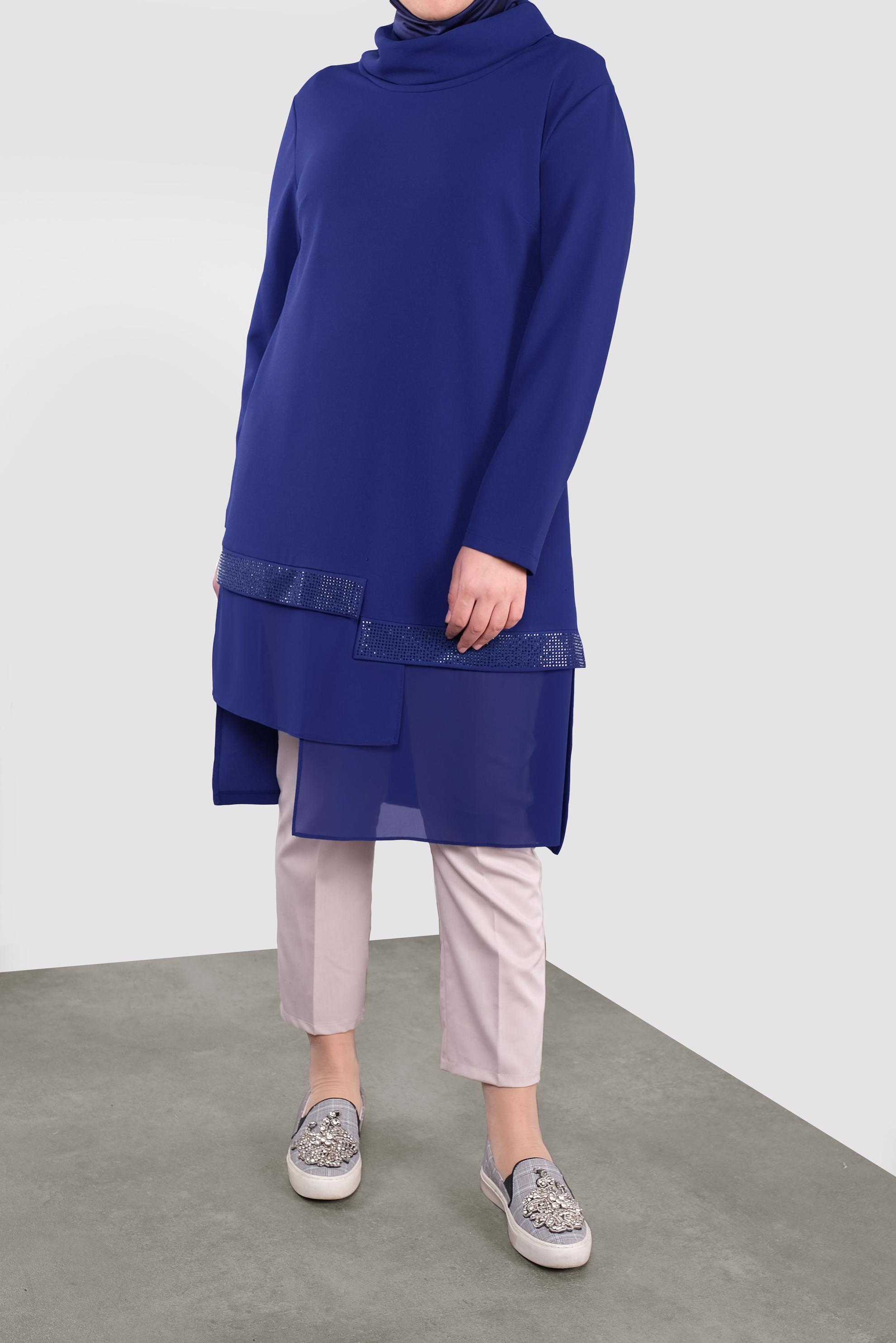 Tesettür giyim LACİVERT TAŞ BASKILI ŞİFON DETAYLI TUNİK 20118 