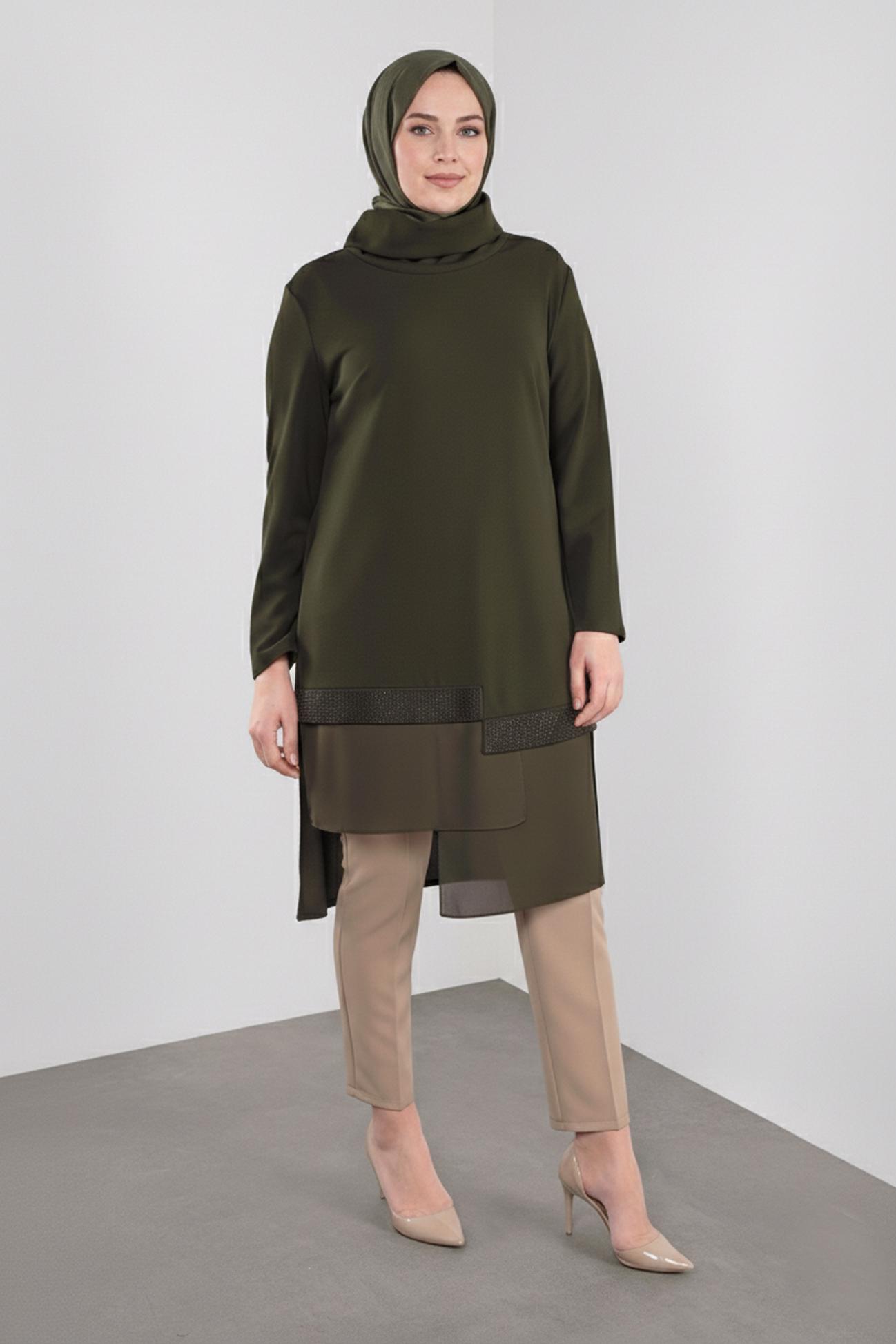 Tesettür giyim HAKİ TAŞ BASKILI ŞİFON DETAYLI TUNİK 20118 