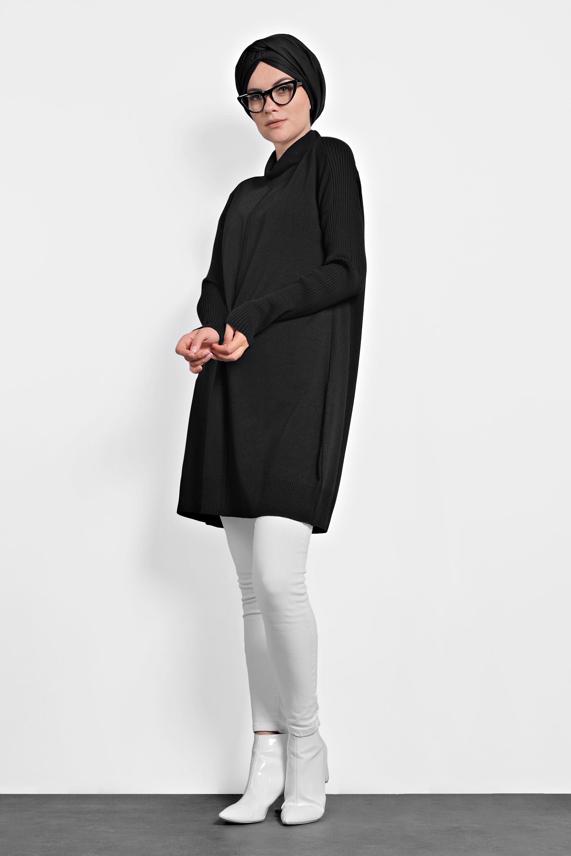 Tesettür giyim SİYAH BALIKÇI YAKA SALAŞ TRİKO TUNİK 40001