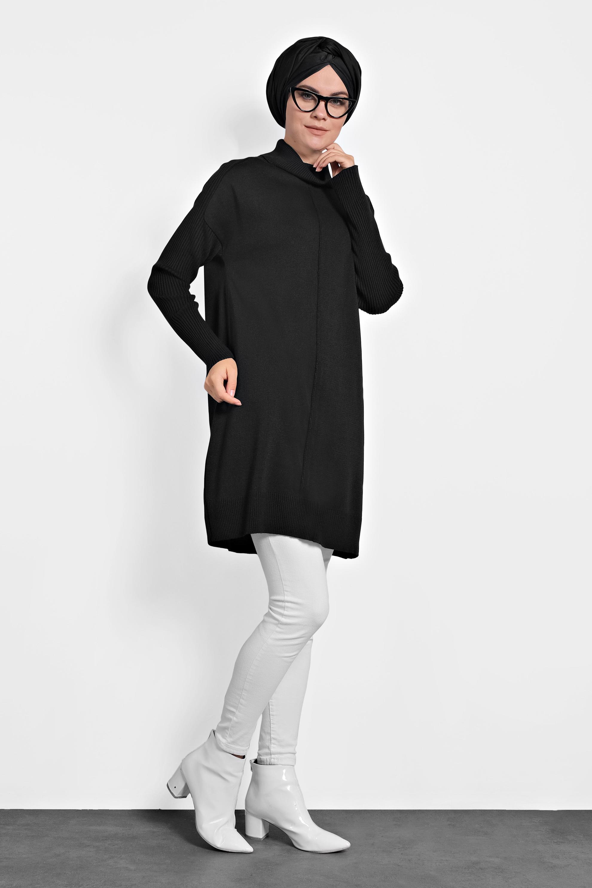 Tesettür giyim SİYAH BALIKÇI YAKA SALAŞ TRİKO TUNİK 40001